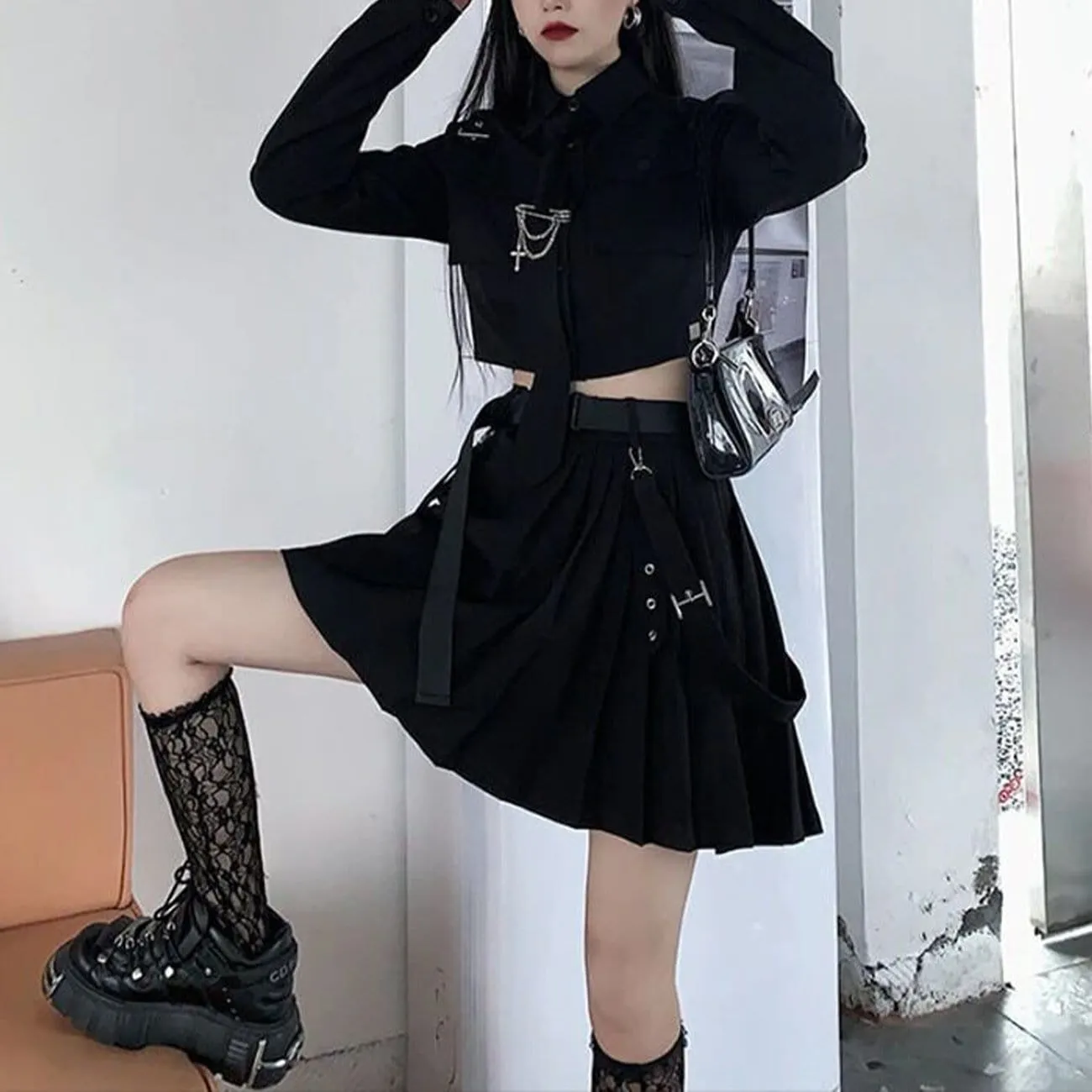 WLS Dark Gothic Exposed Waist Skirt Suit