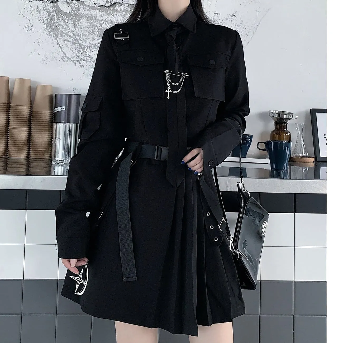 WLS Dark Gothic Exposed Waist Skirt Suit