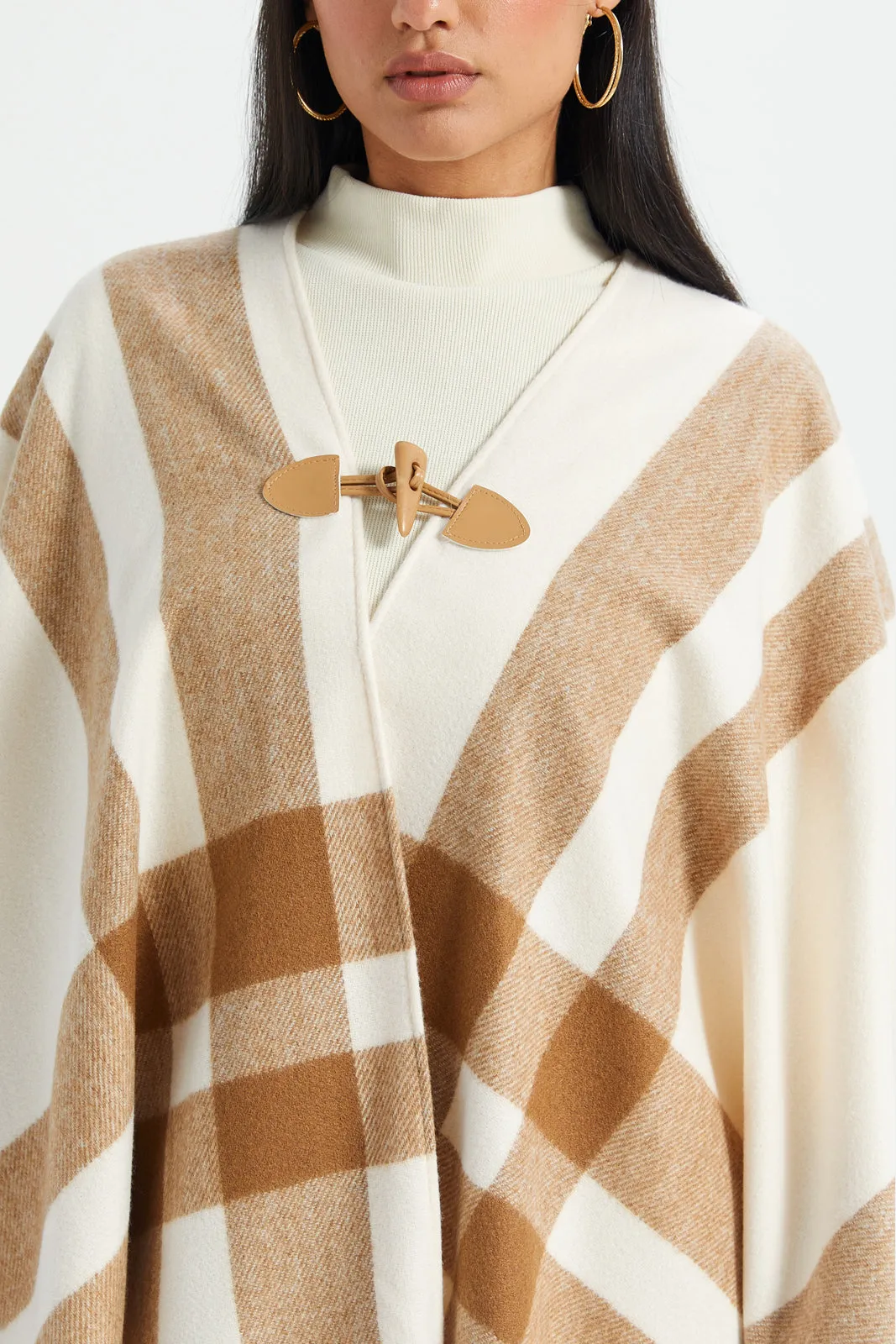 Women Beige And White Checked Poncho