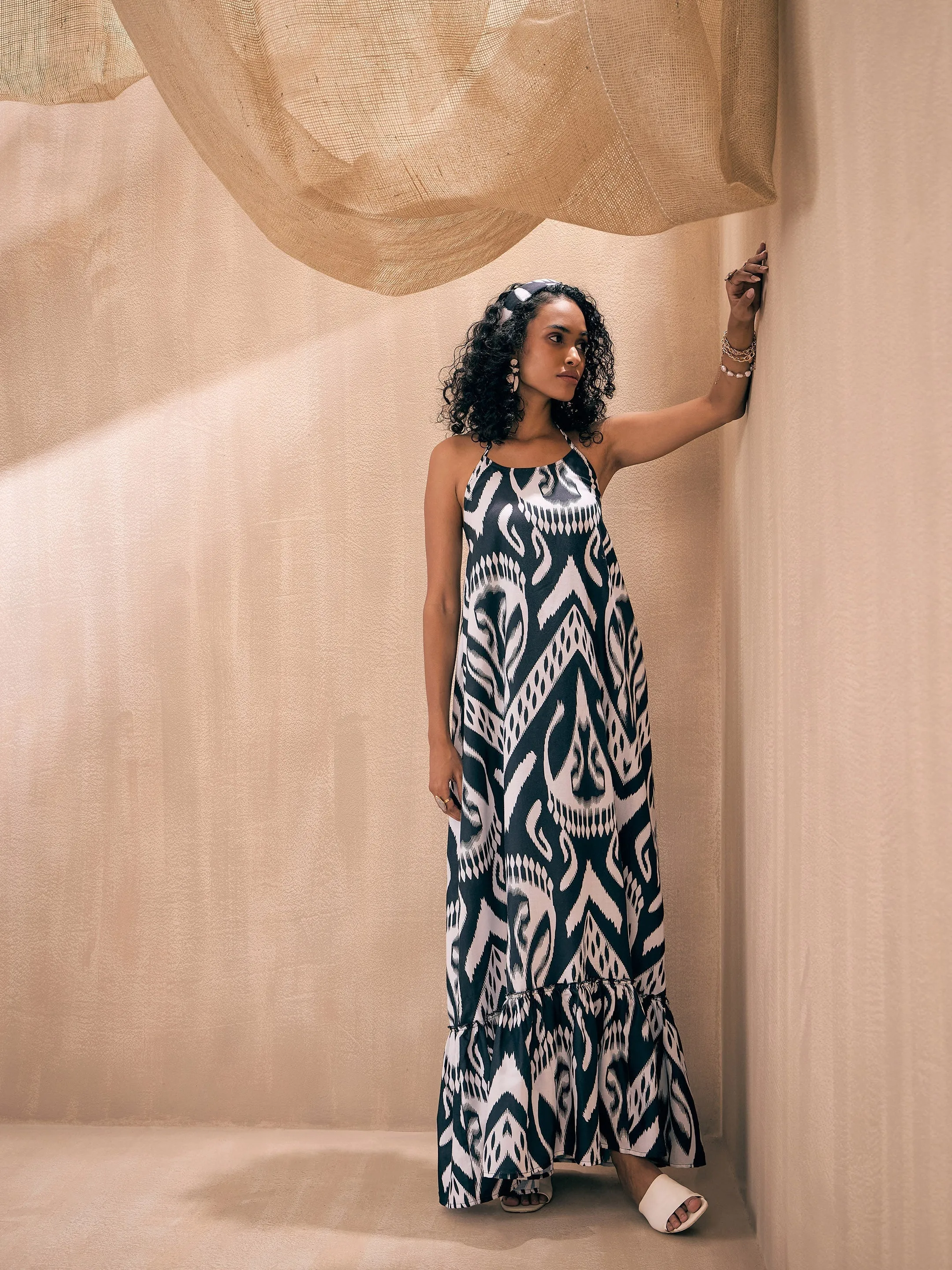 Women Black & White Ikat Halter Neck Loose Tiered Maxi