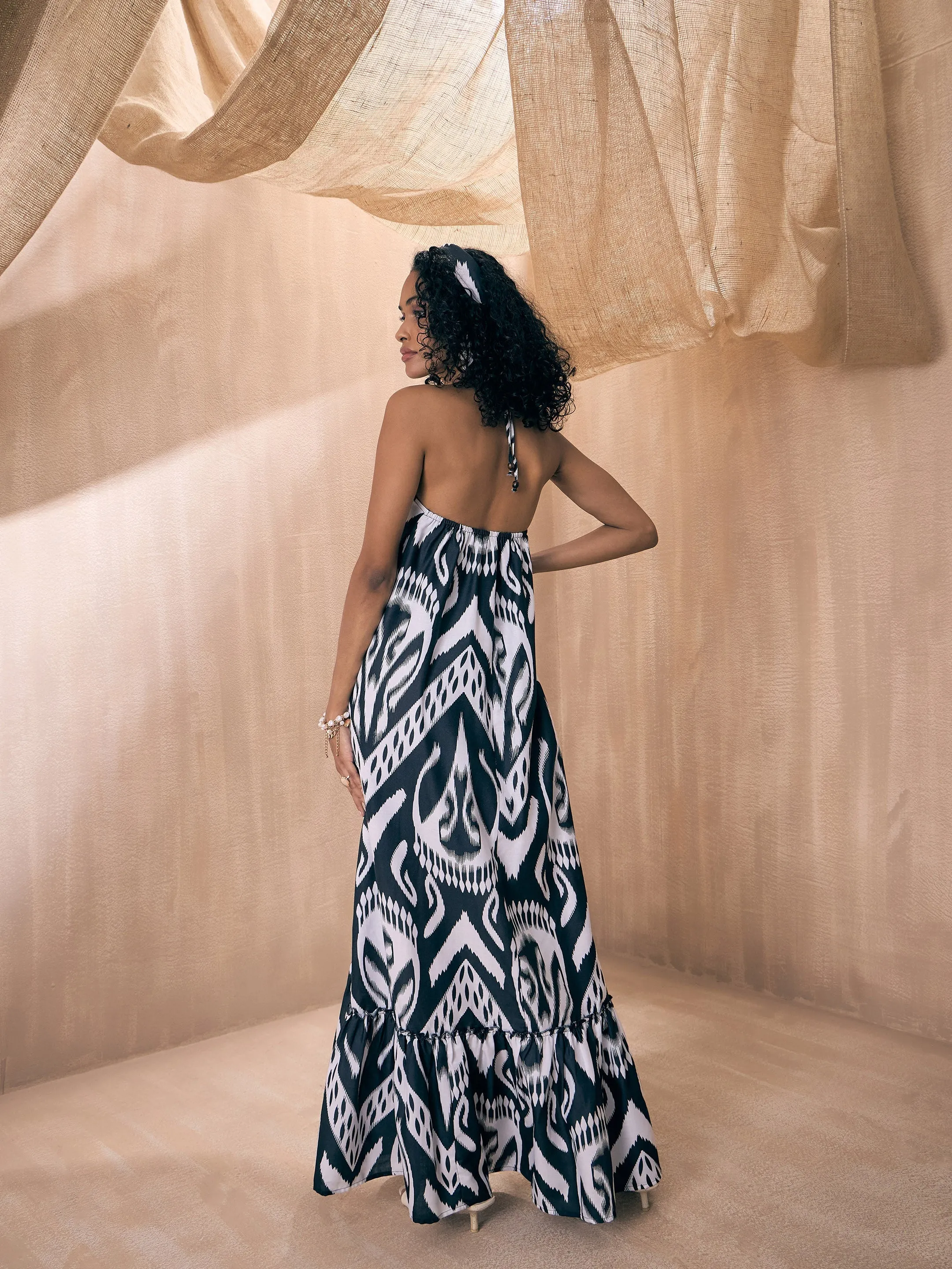 Women Black & White Ikat Halter Neck Loose Tiered Maxi