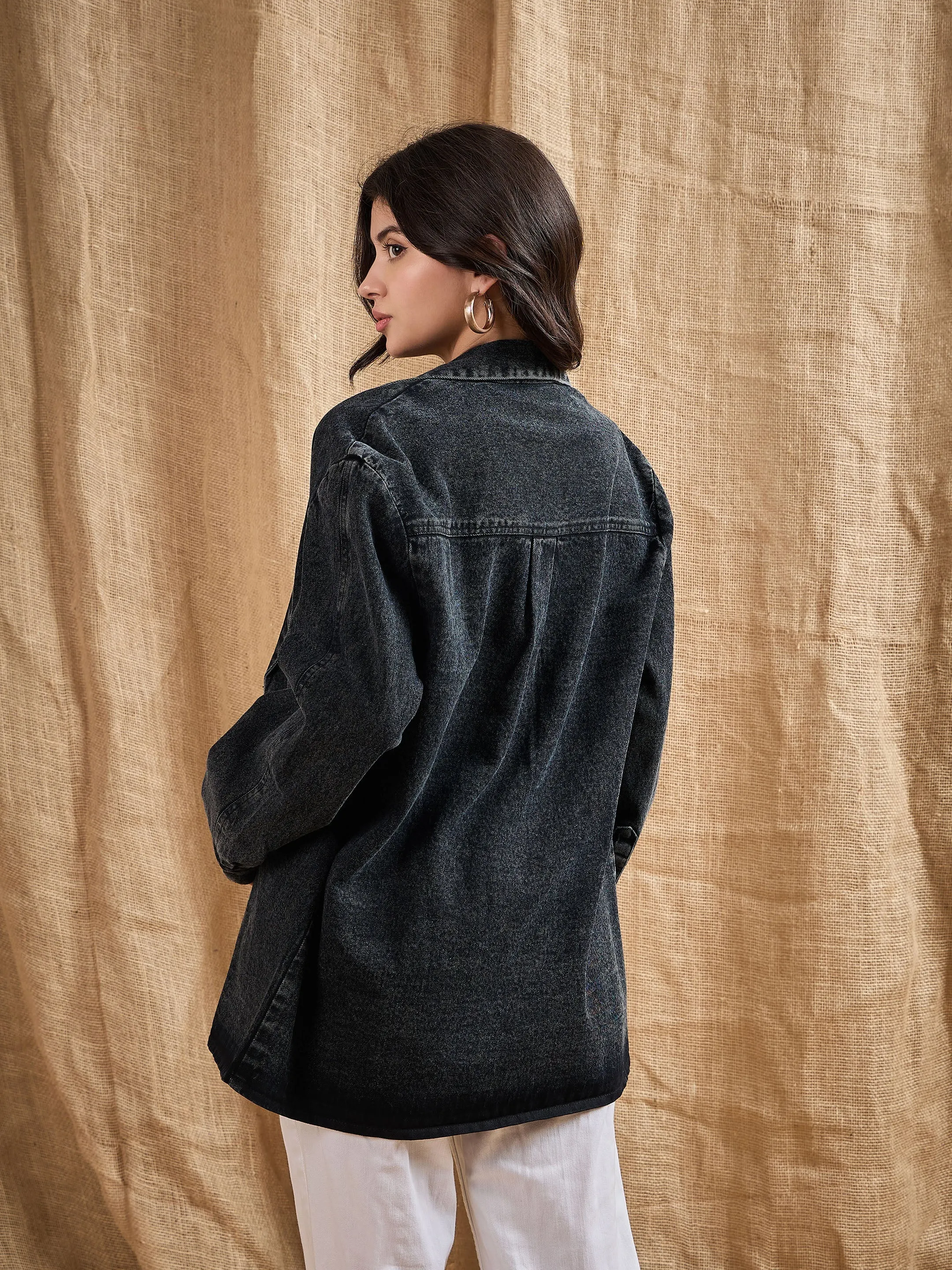 Women Black Denim Washed Oversized Notch Collar Blazer