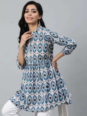 Women Blue & Off White Printed Mandarin Collar Cotton Tunic