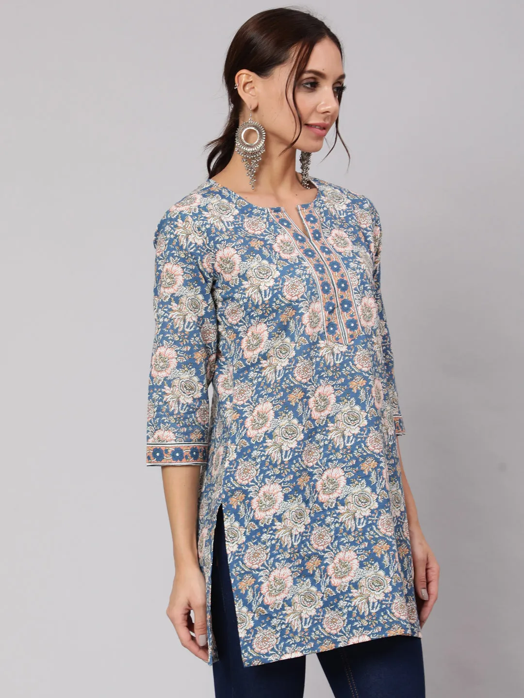 Women Blue & Pink Floral Printed Straight Tunic With Three Quarter Sleeves