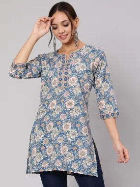 Women Blue & Pink Floral Printed Straight Tunic With Three Quarter Sleeves