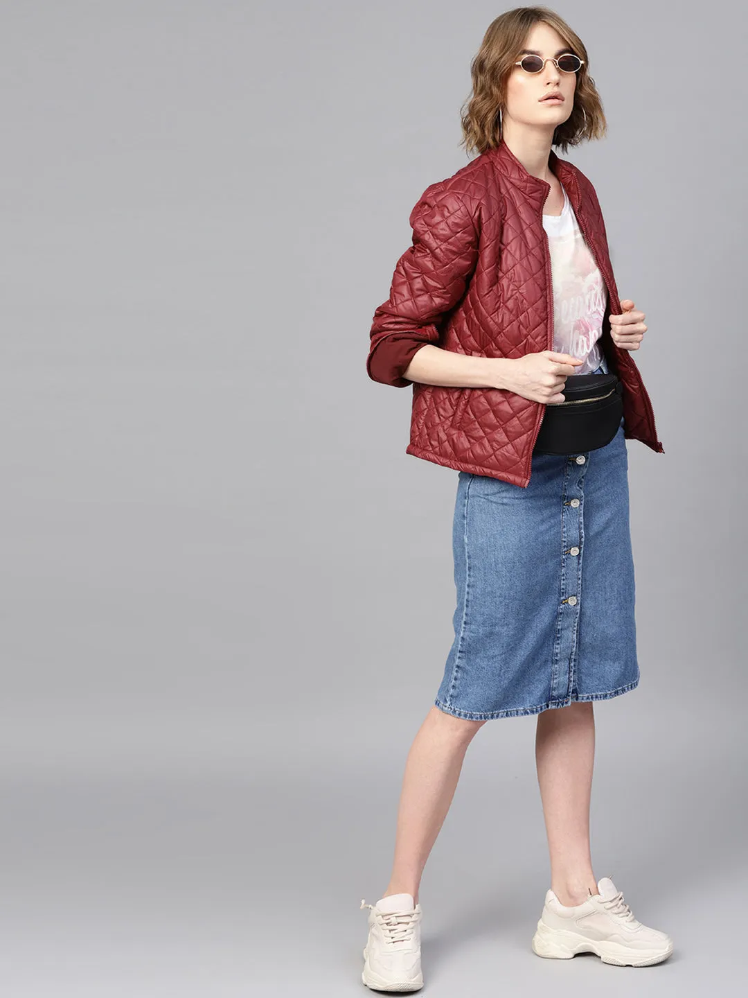 Women Burgundy Quilted Jacket With Zip On Sleeves