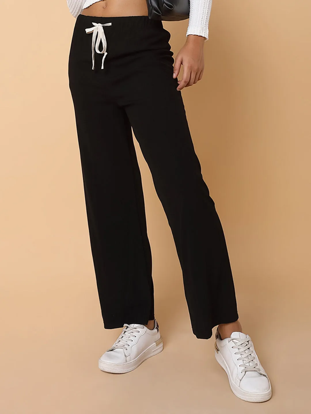 Women Flat Front Solid Black Trousers