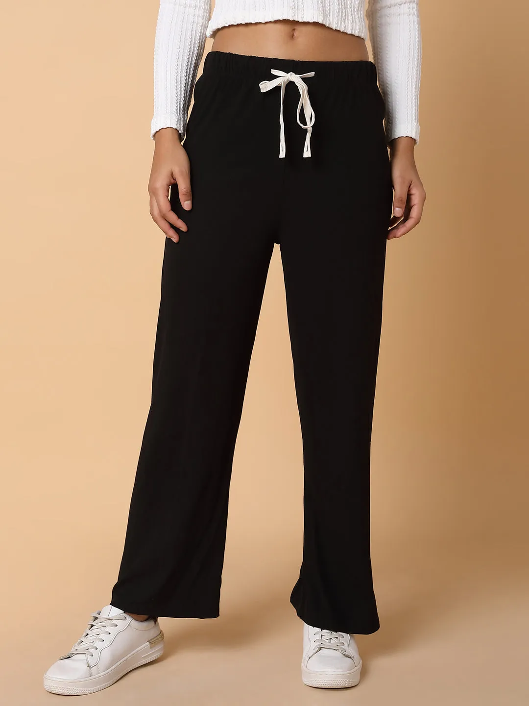 Women Flat Front Solid Black Trousers