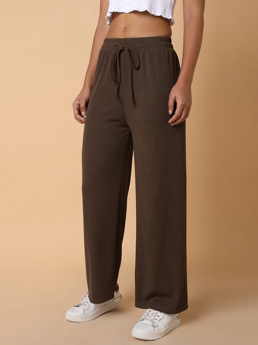 Women Flat Front Solid Brown Trousers