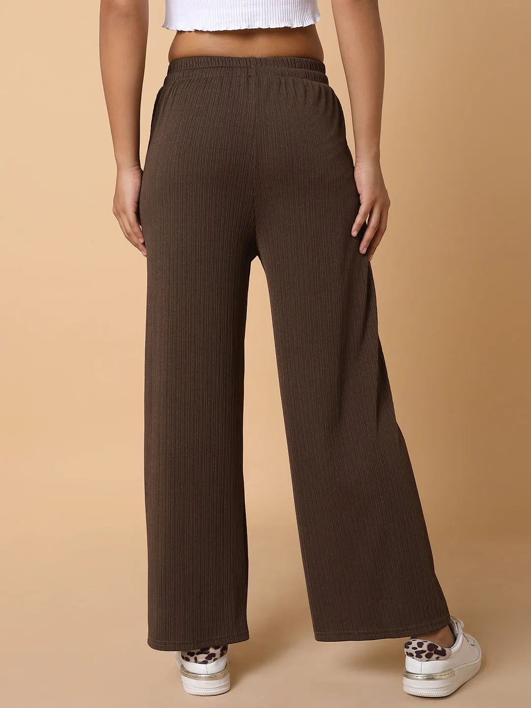 Women Flat Front Solid Brown Trousers