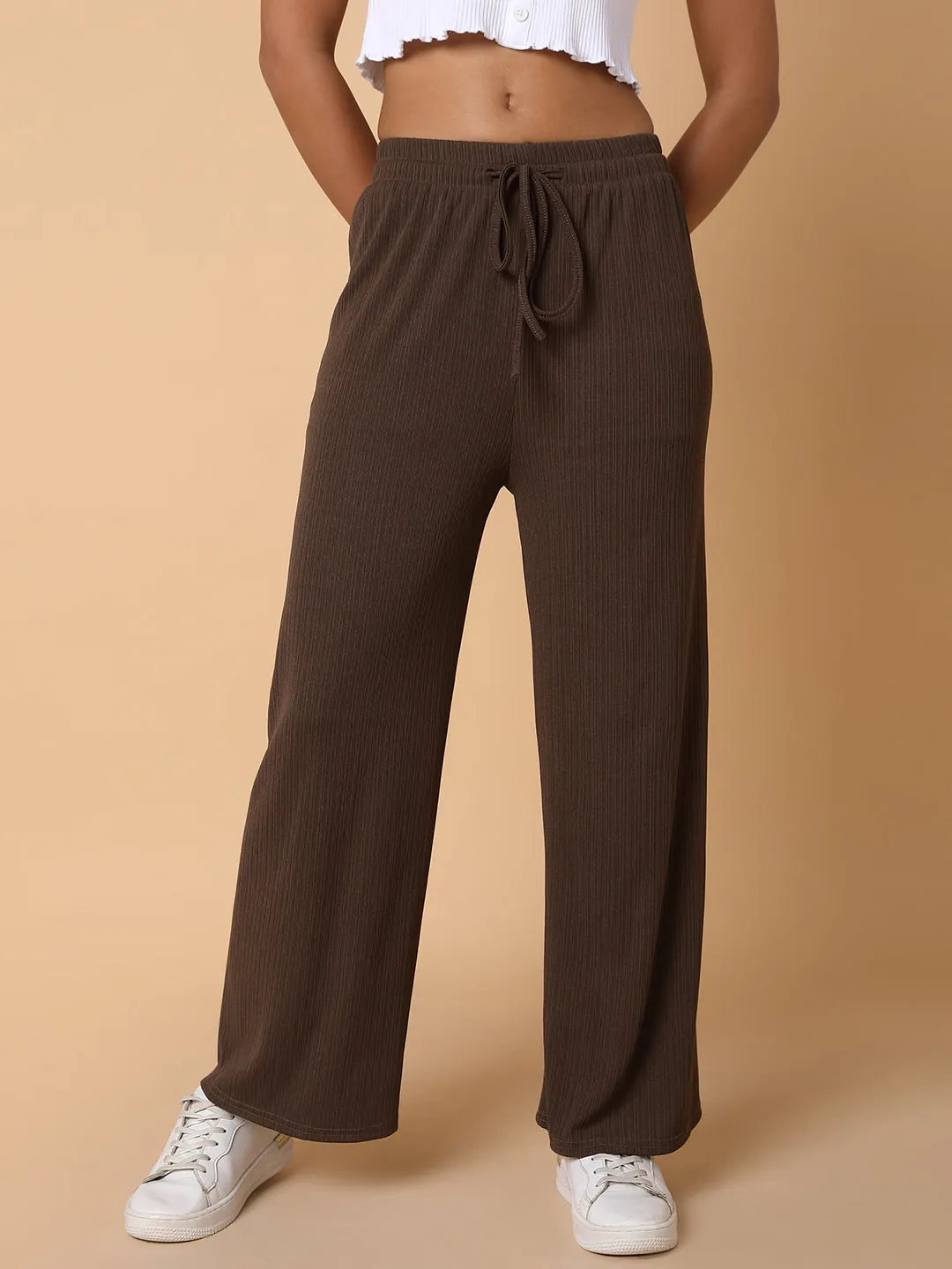 Women Flat Front Solid Brown Trousers