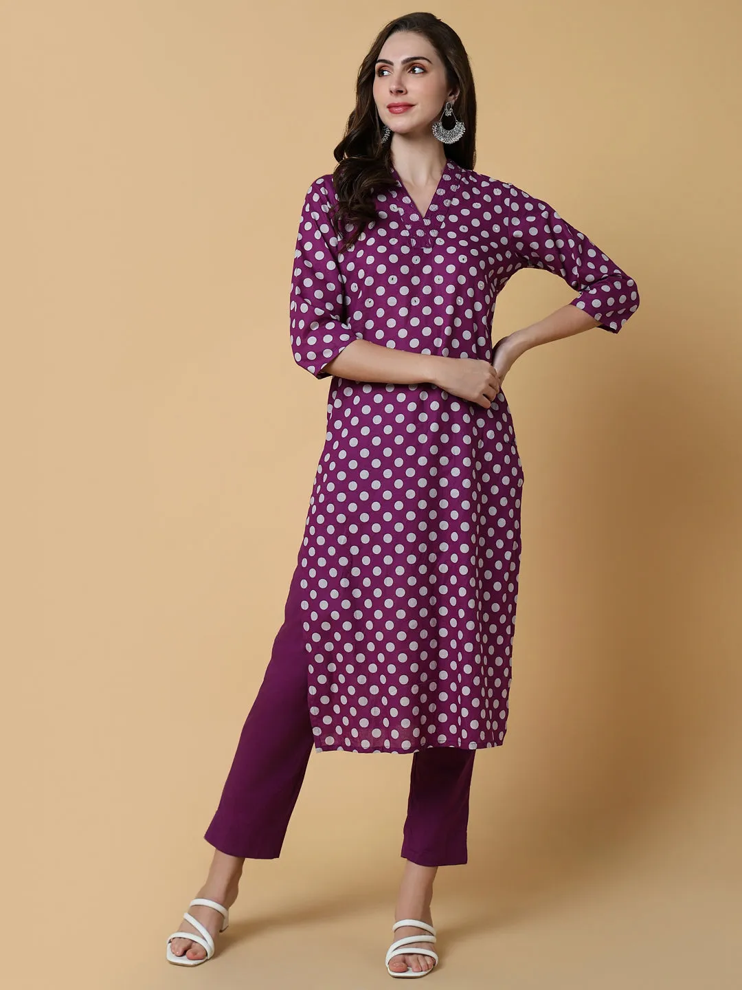 Women Geometric Purple Straight Kurta Set