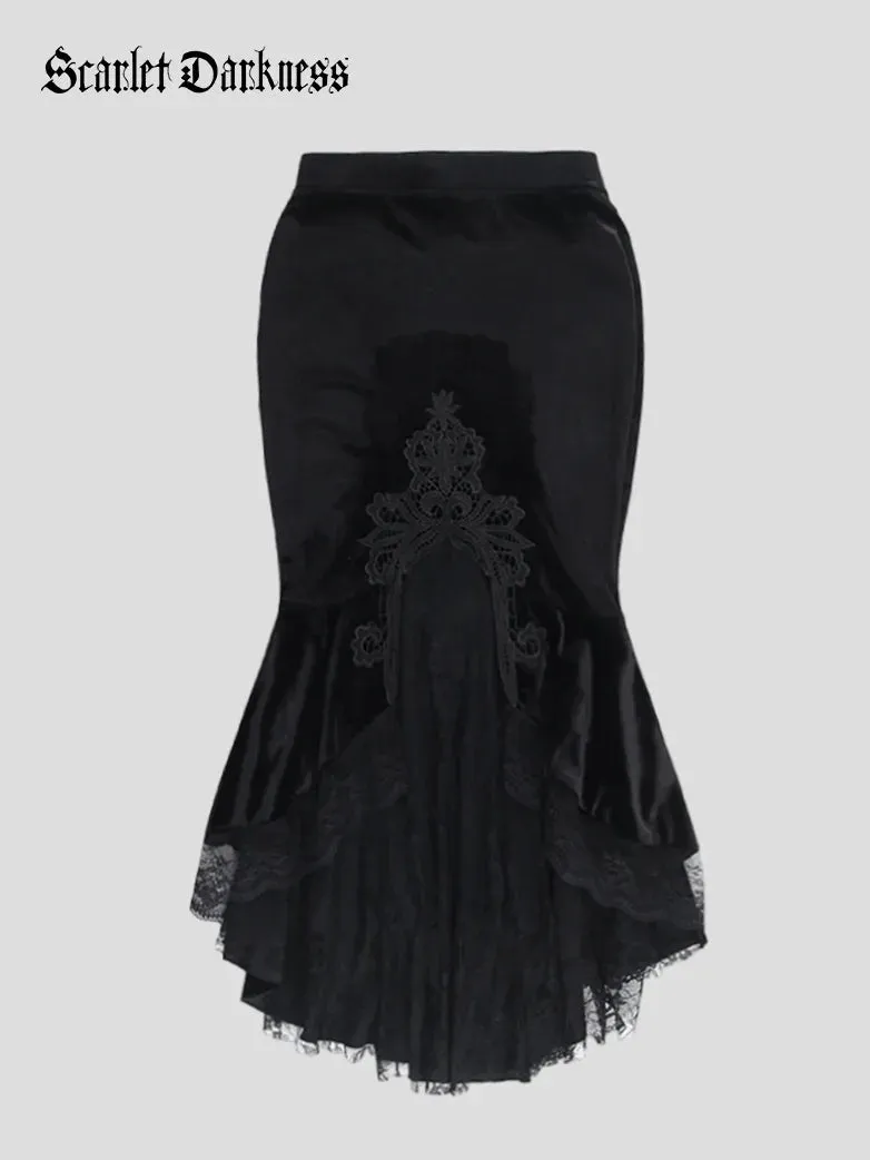 Women Gothic Velvet Patchwork Lace Bodycon Skirt