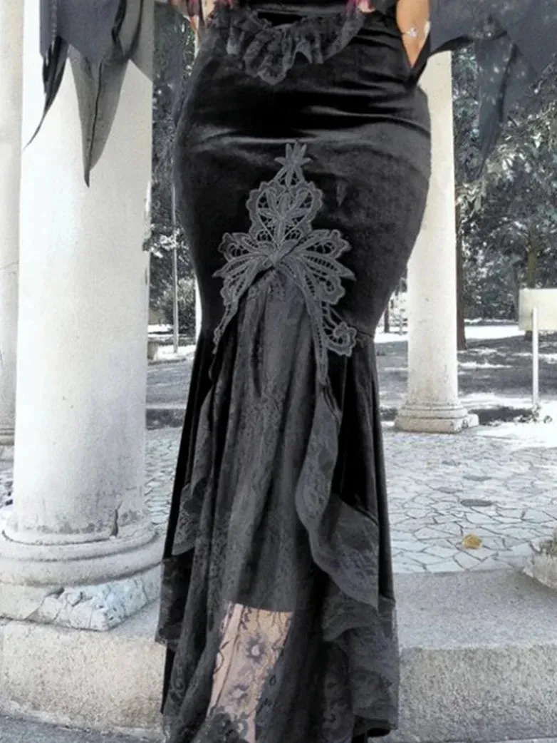 Women Gothic Velvet Patchwork Lace Bodycon Skirt