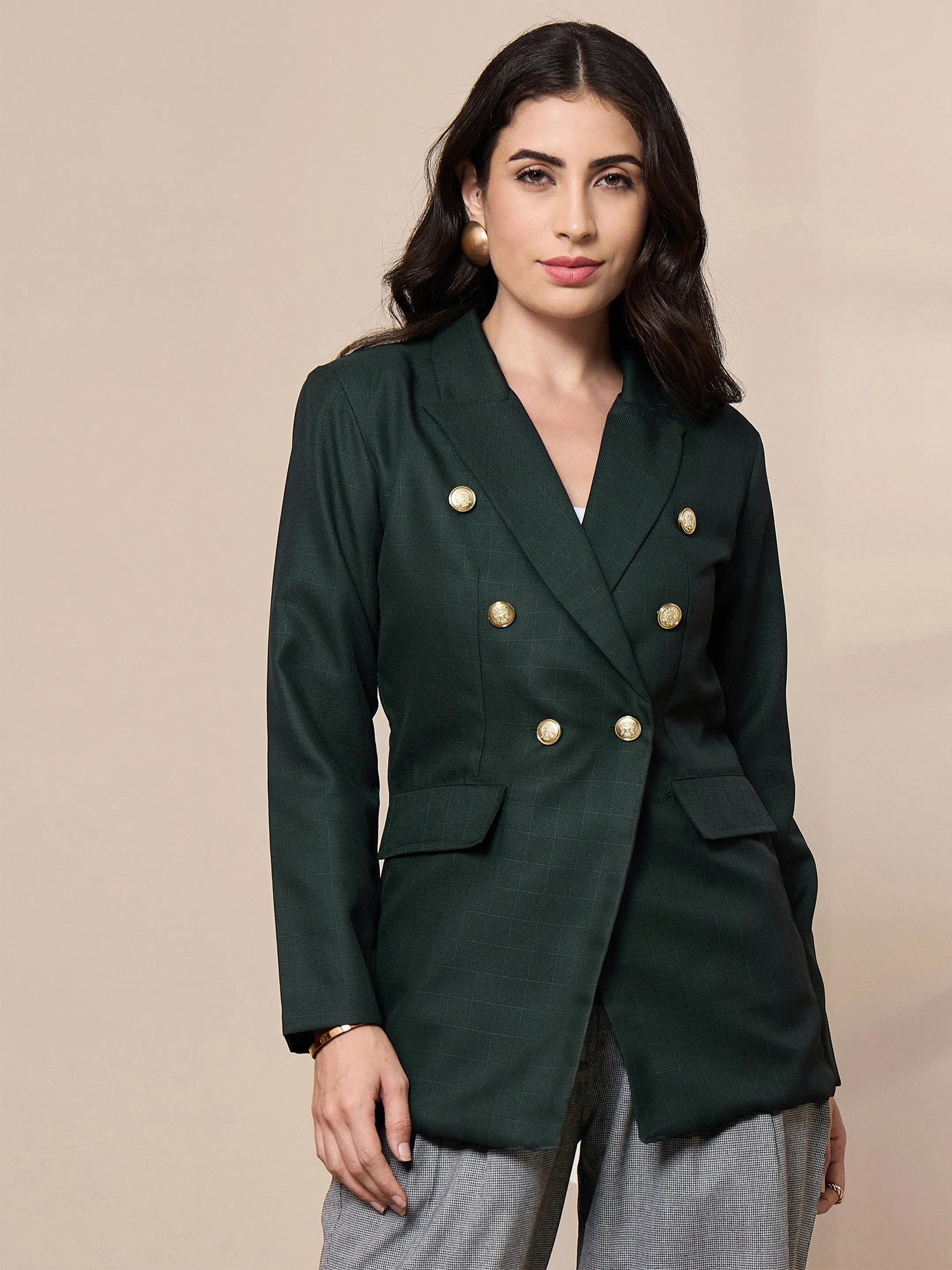 Women Green Double-Breasted Check Blazer