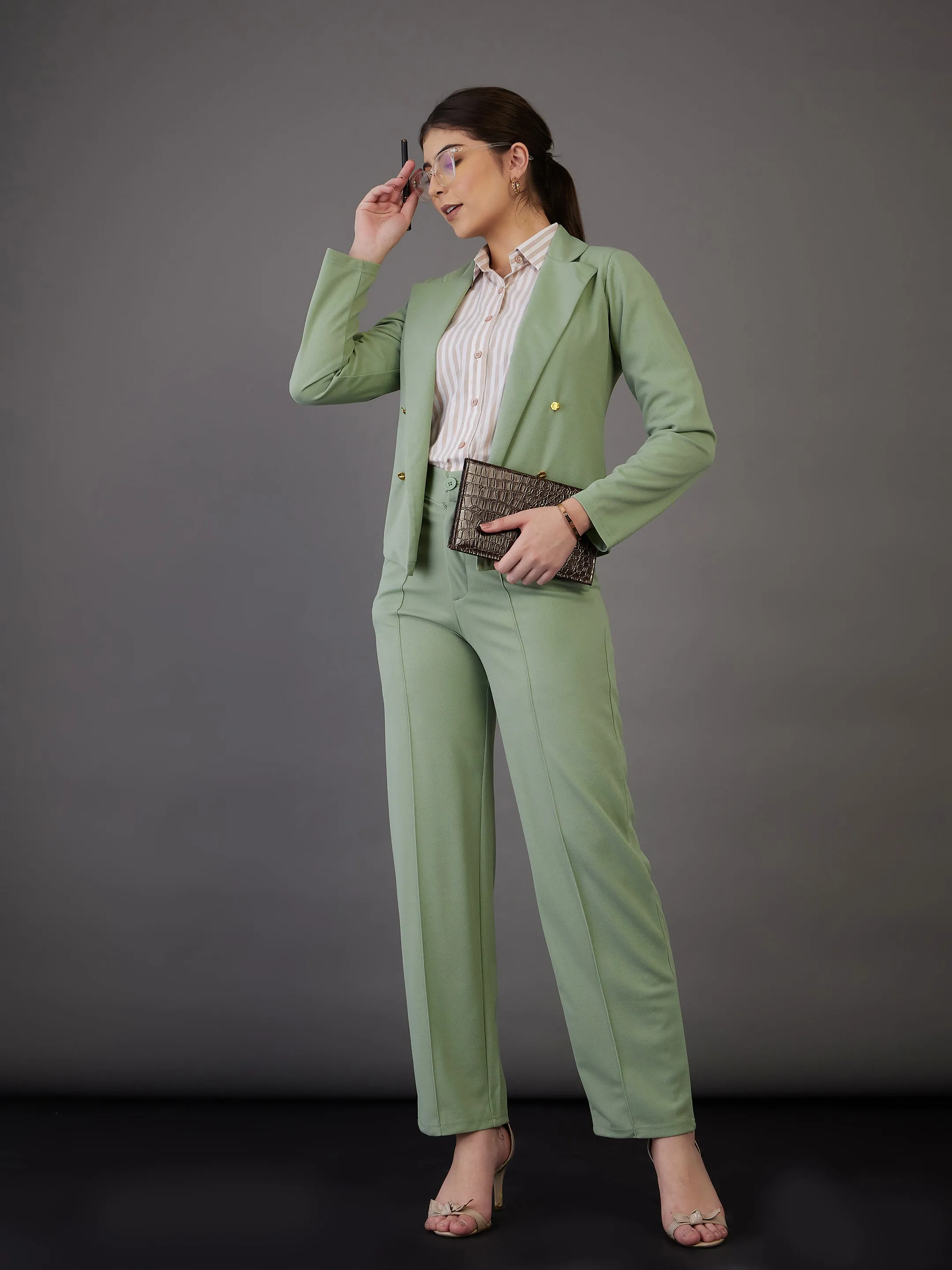 Women Green Notch Collar Single-Breasted Blazer