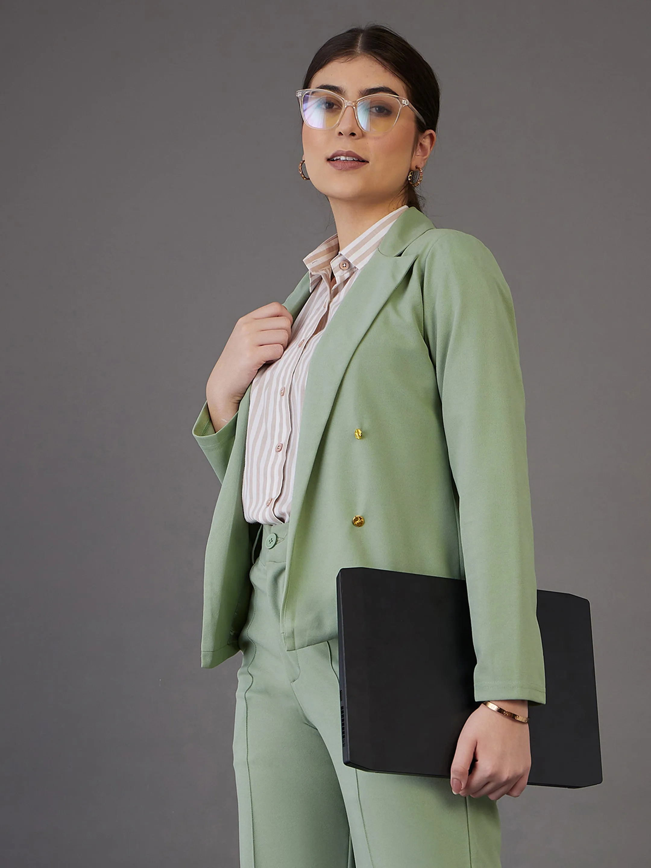 Women Green Notch Collar Single-Breasted Blazer