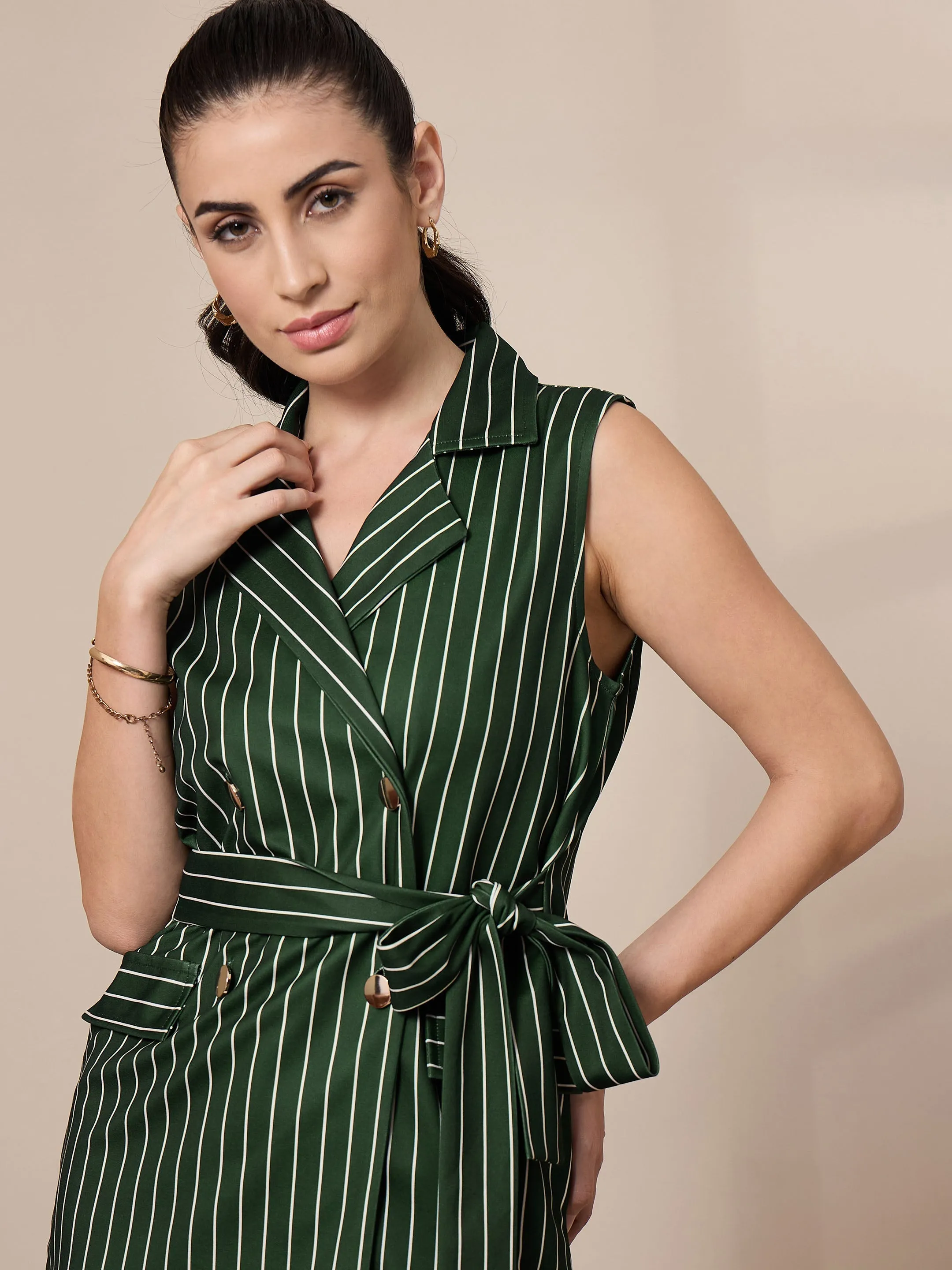 Women Green Striped Sleeveless Front Tie-Up Blazer