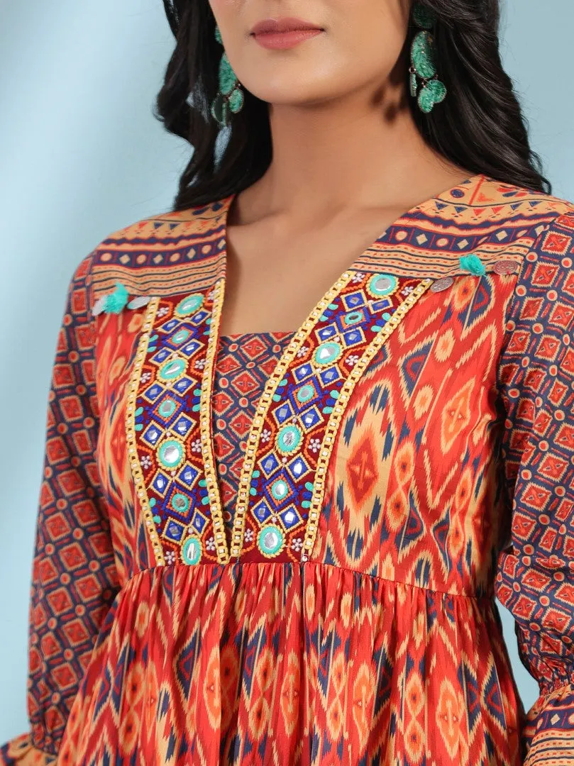 Women Ikat Printed & Embroidered Orange Cotton Voile Peplum Tunic