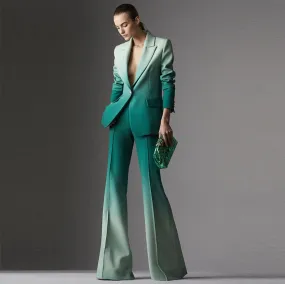 Women Luxury Green Gradient Color Blazer   Mid-High Rise Flare Trousers Pants Suit, Graduation, Wedding, Speech Day, Office, Formal Event