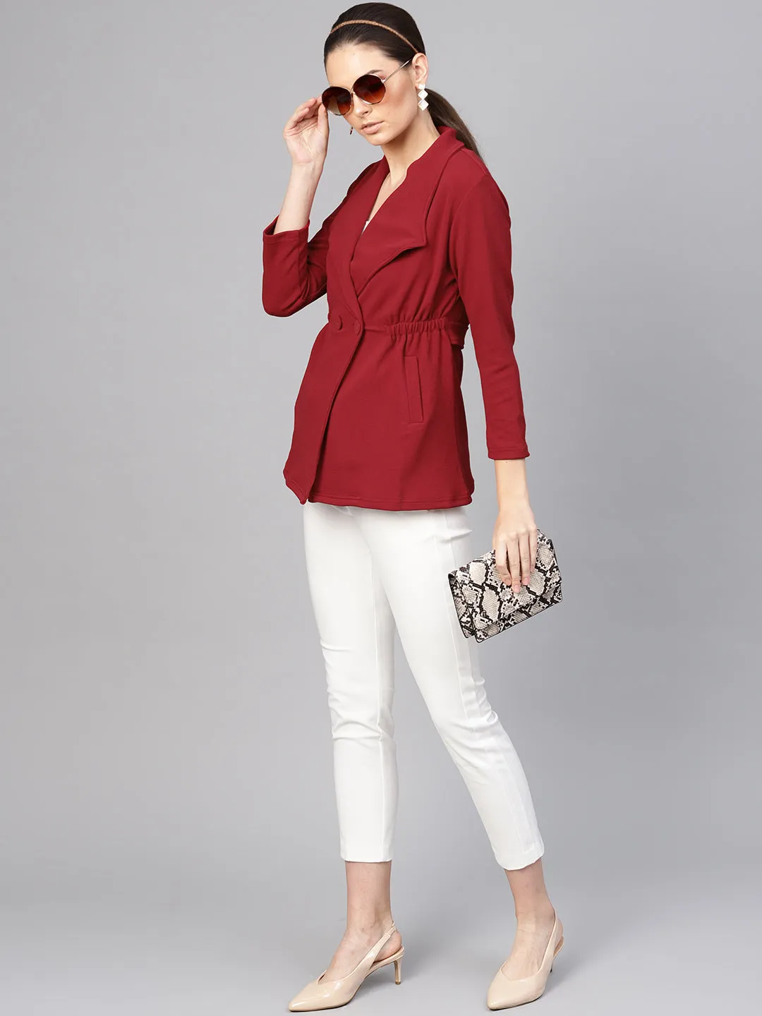 Women Maroon Side Elastic Blazer