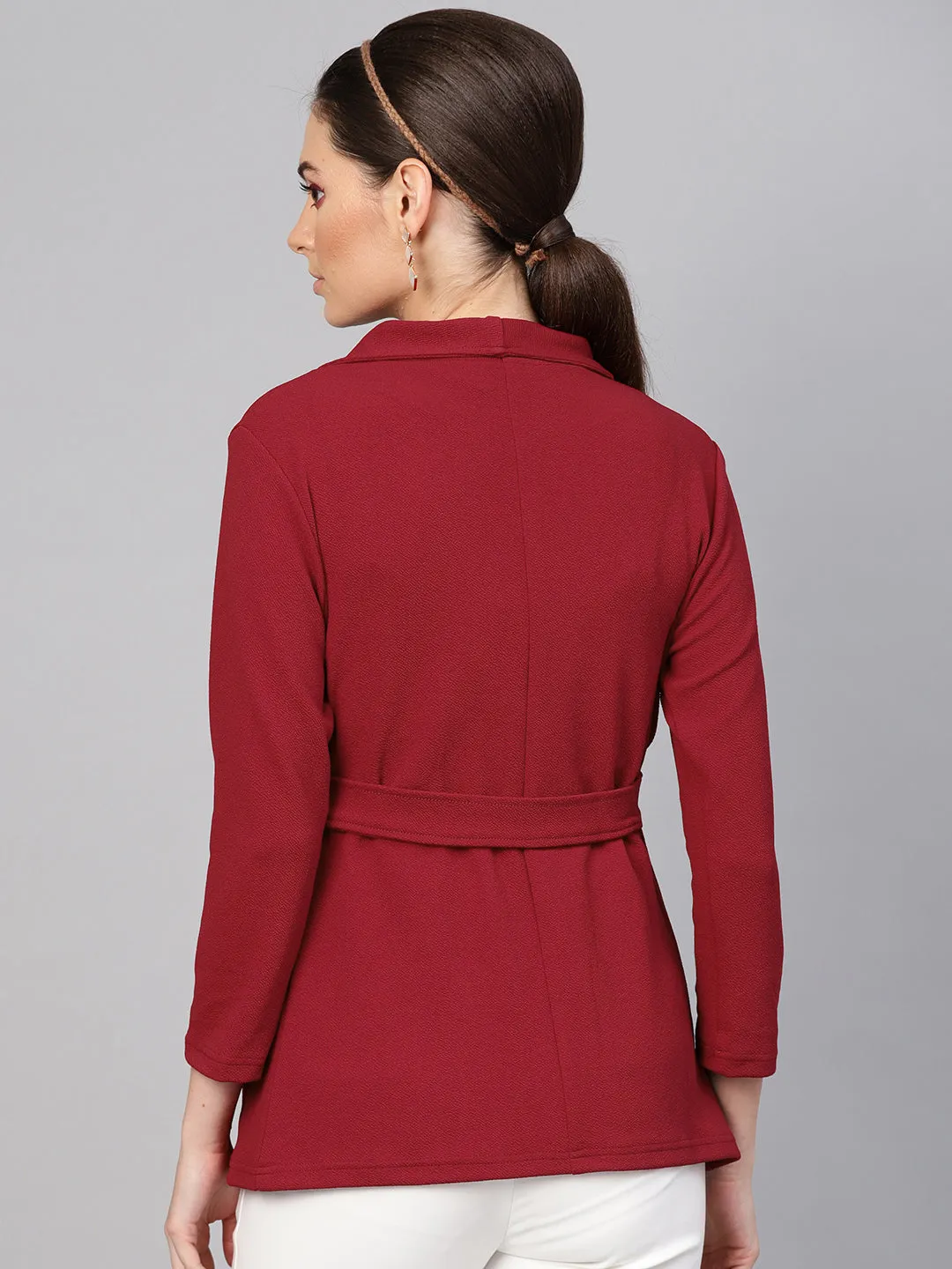 Women Maroon Side Elastic Blazer