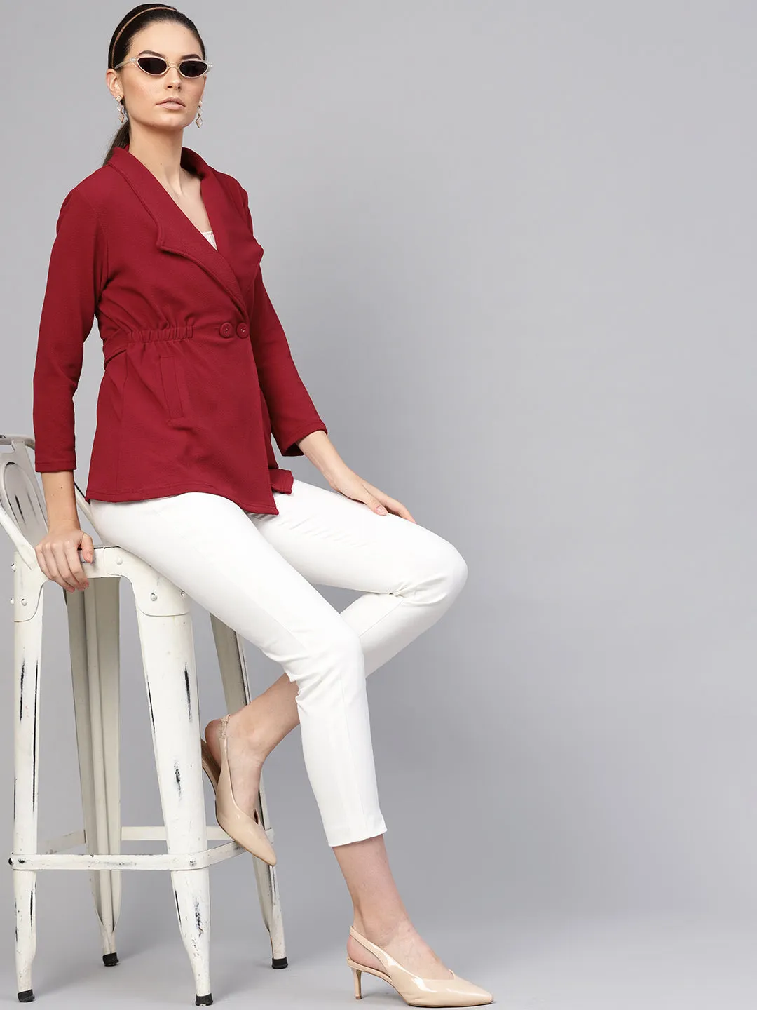 Women Maroon Side Elastic Blazer