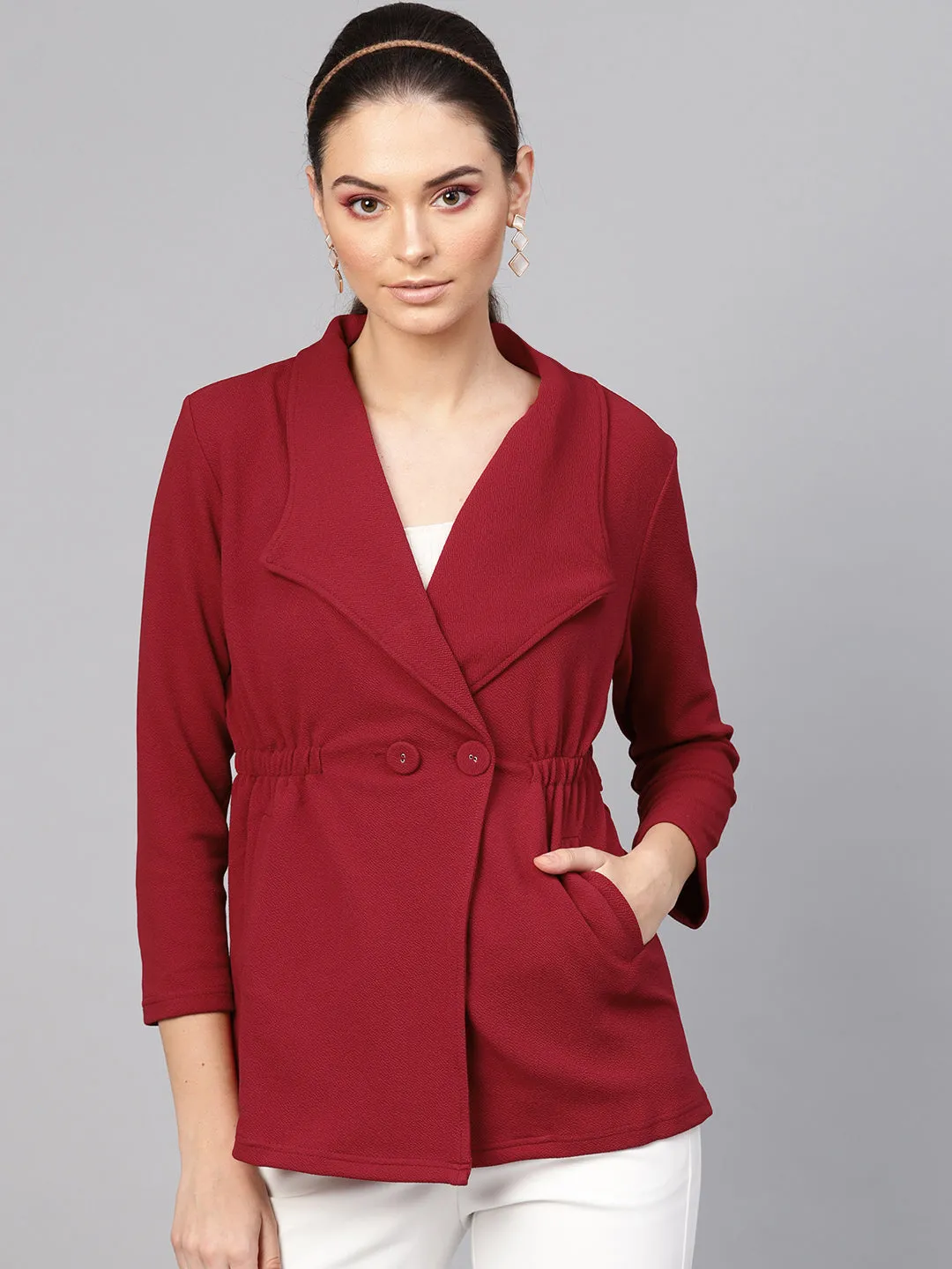 Women Maroon Side Elastic Blazer