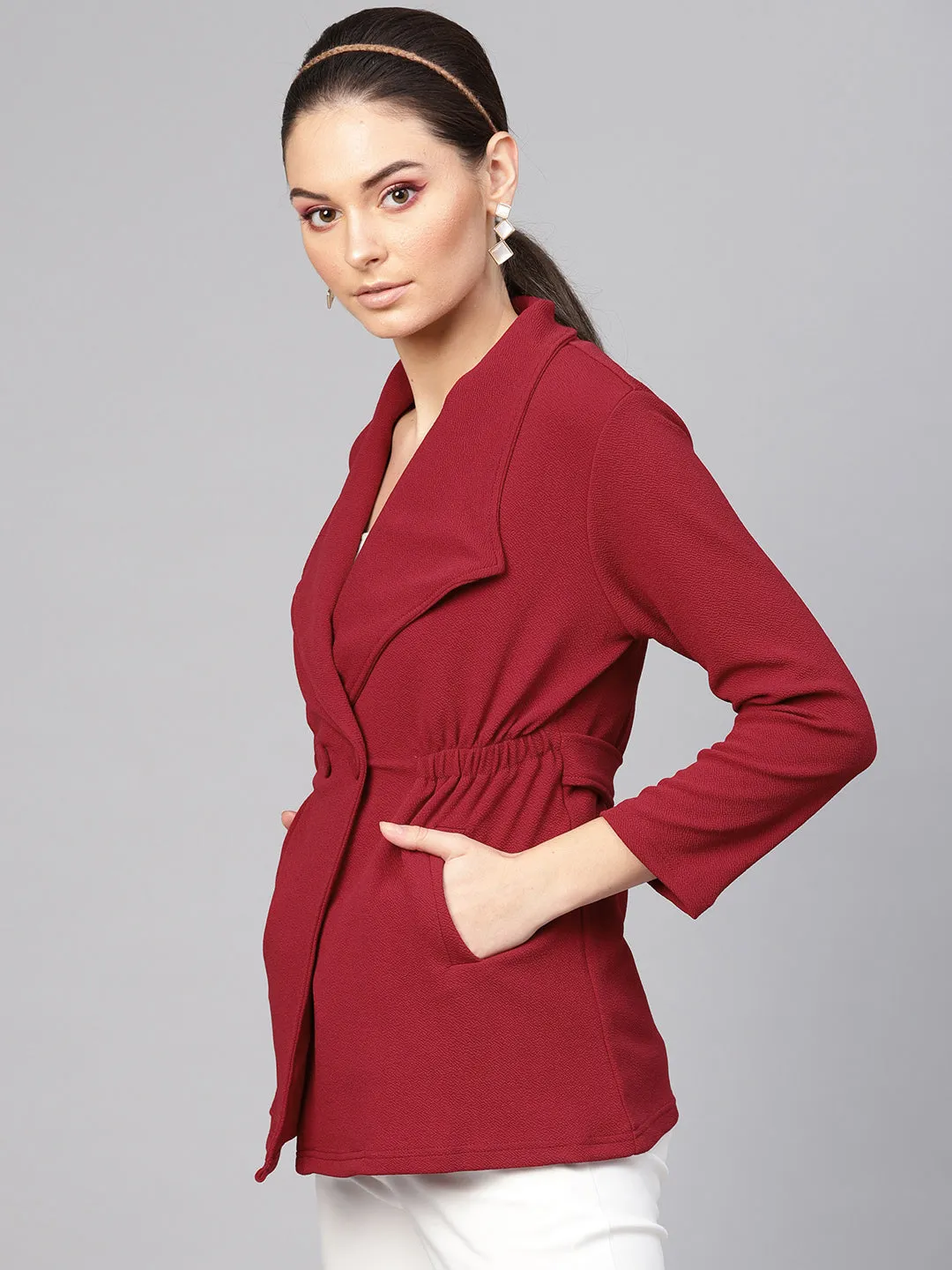 Women Maroon Side Elastic Blazer