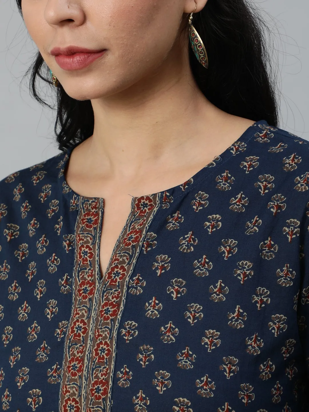 Women Navy Blue And Marron Printed Tunic