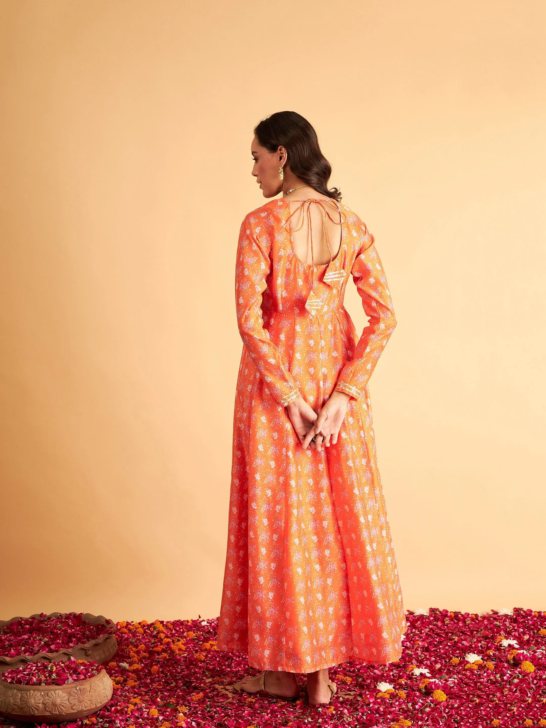 Women Orange Floral Round Neck Anarkali Maxi Dress