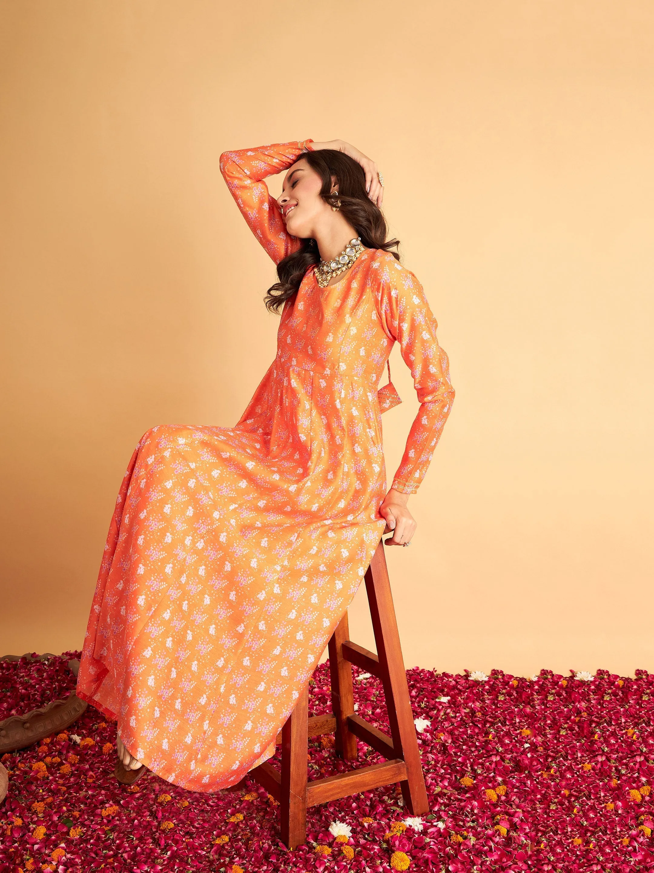 Women Orange Floral Round Neck Anarkali Maxi Dress