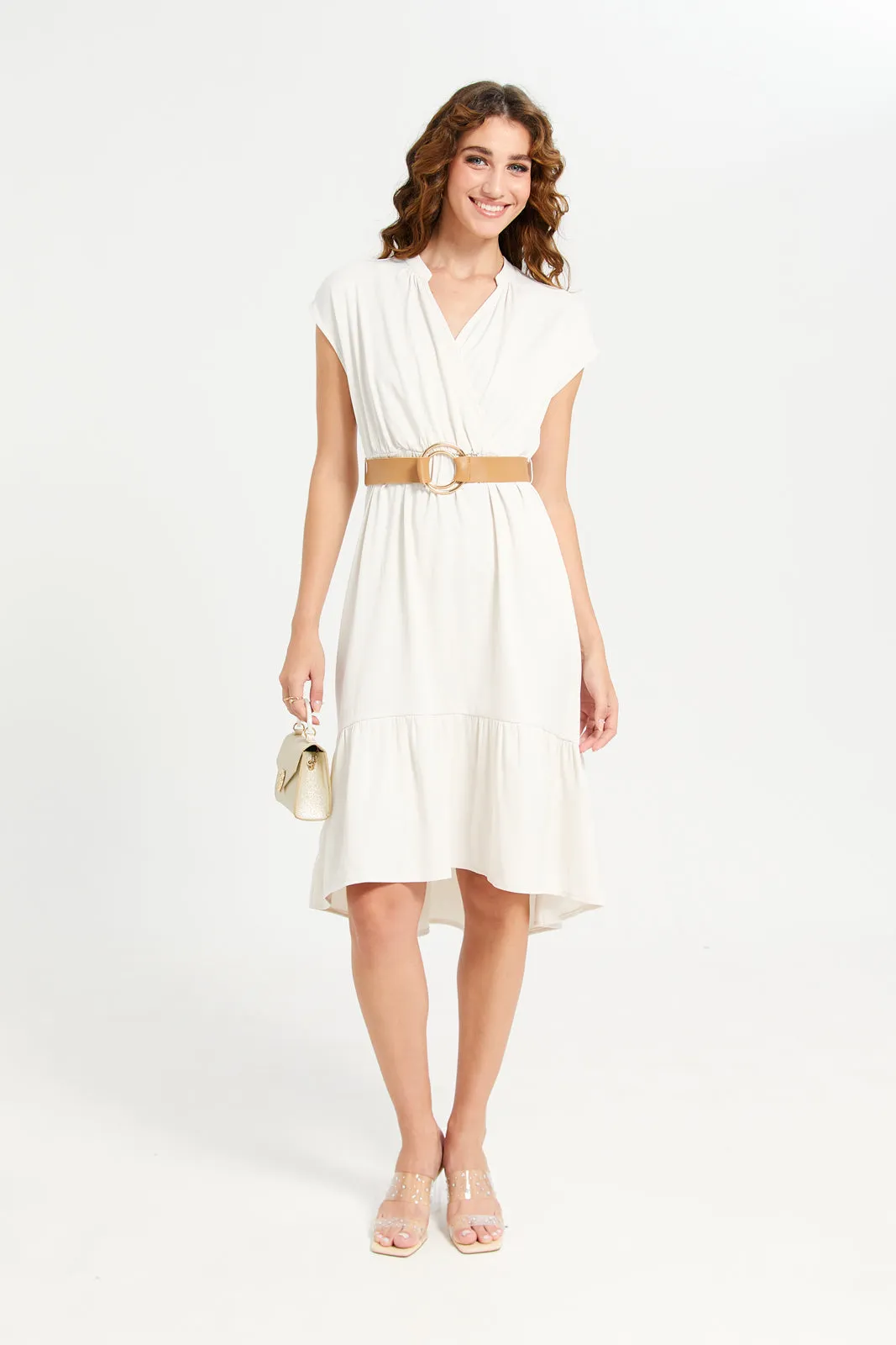 Women White Wrap Belted Dress