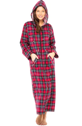 Women's Cotton Flannel Zip Up Robe, Long Lounge Robe with Zipper