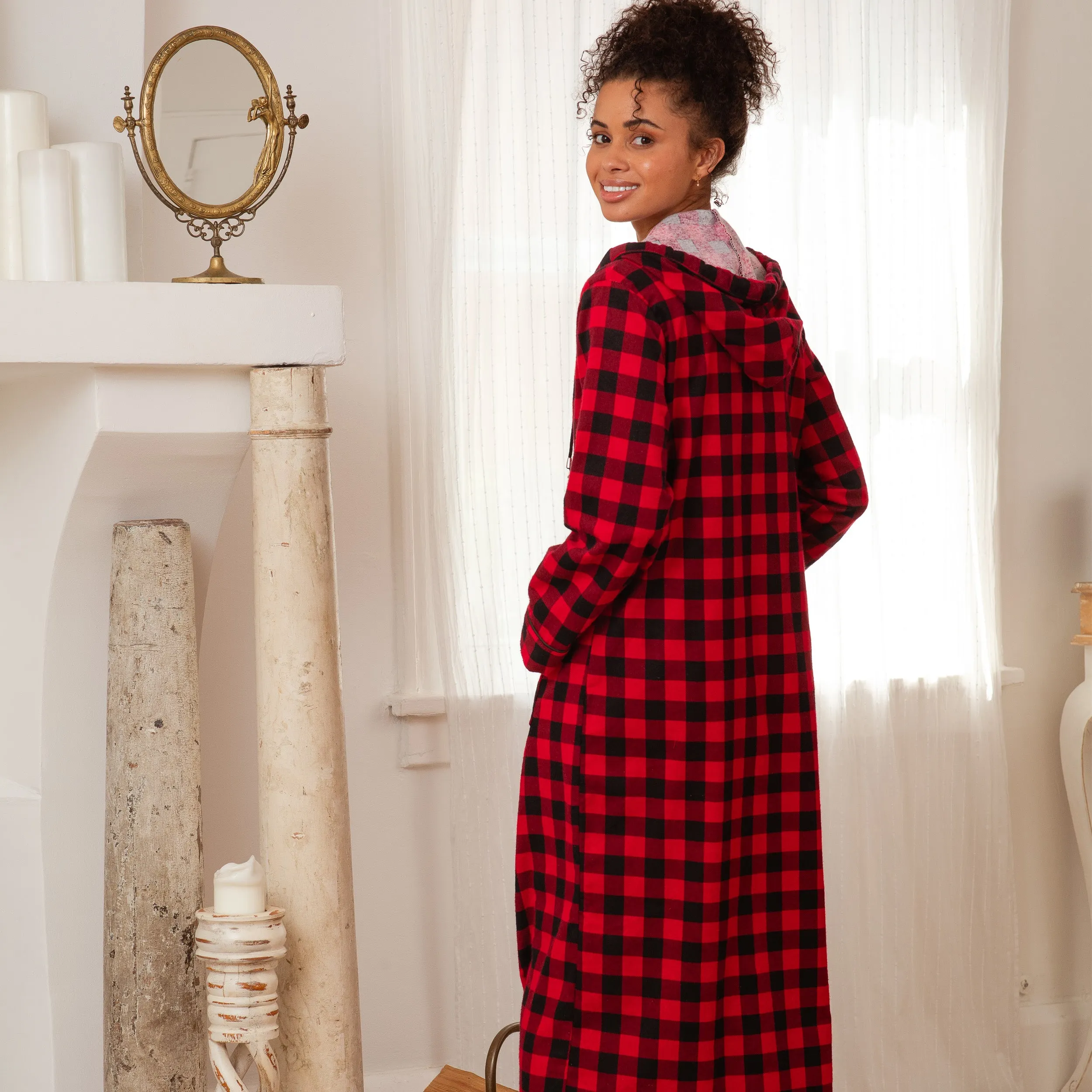 Women's Cotton Flannel Zip Up Robe, Long Lounge Robe with Zipper