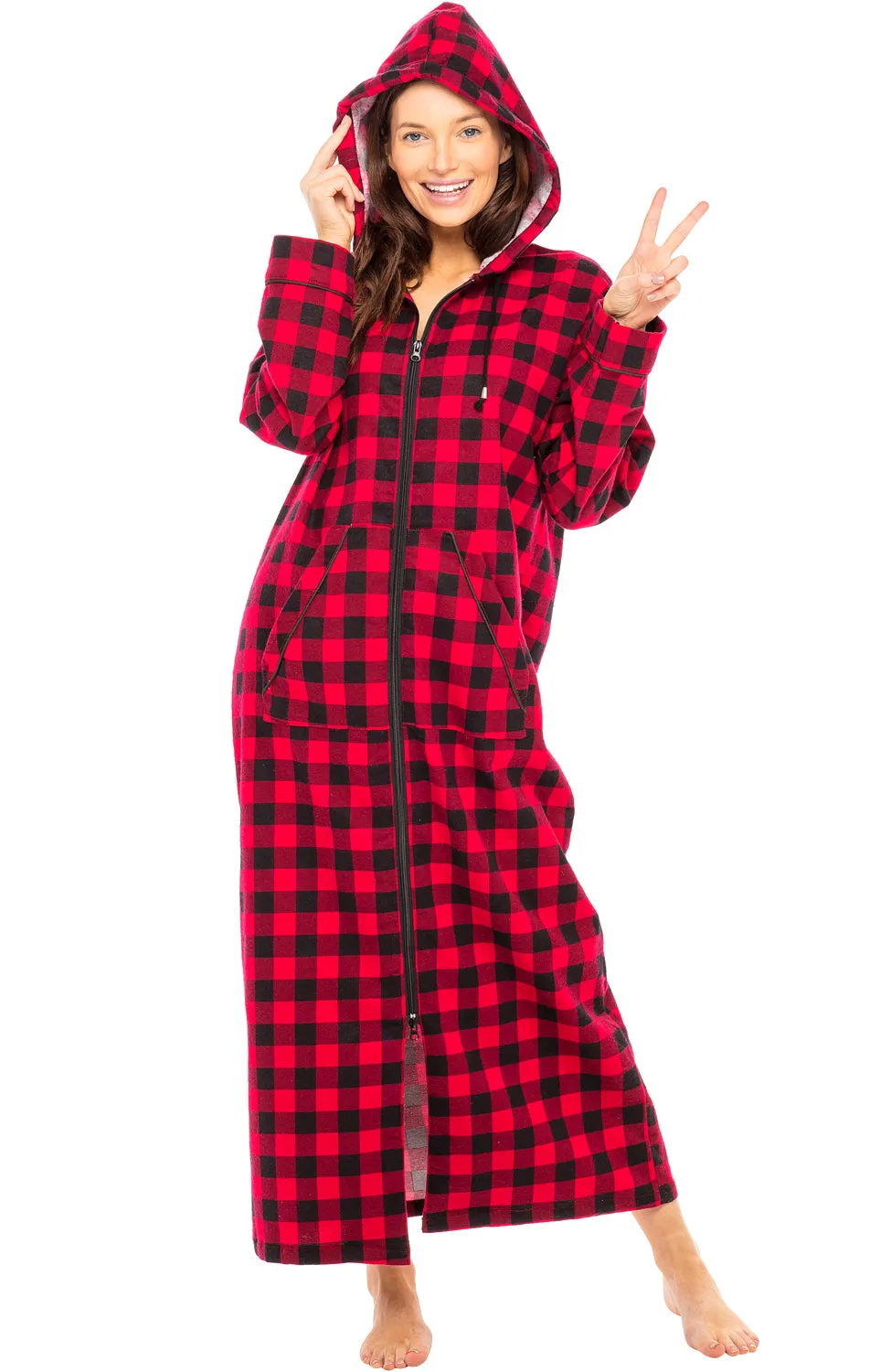 Women's Cotton Flannel Zip Up Robe, Long Lounge Robe with Zipper