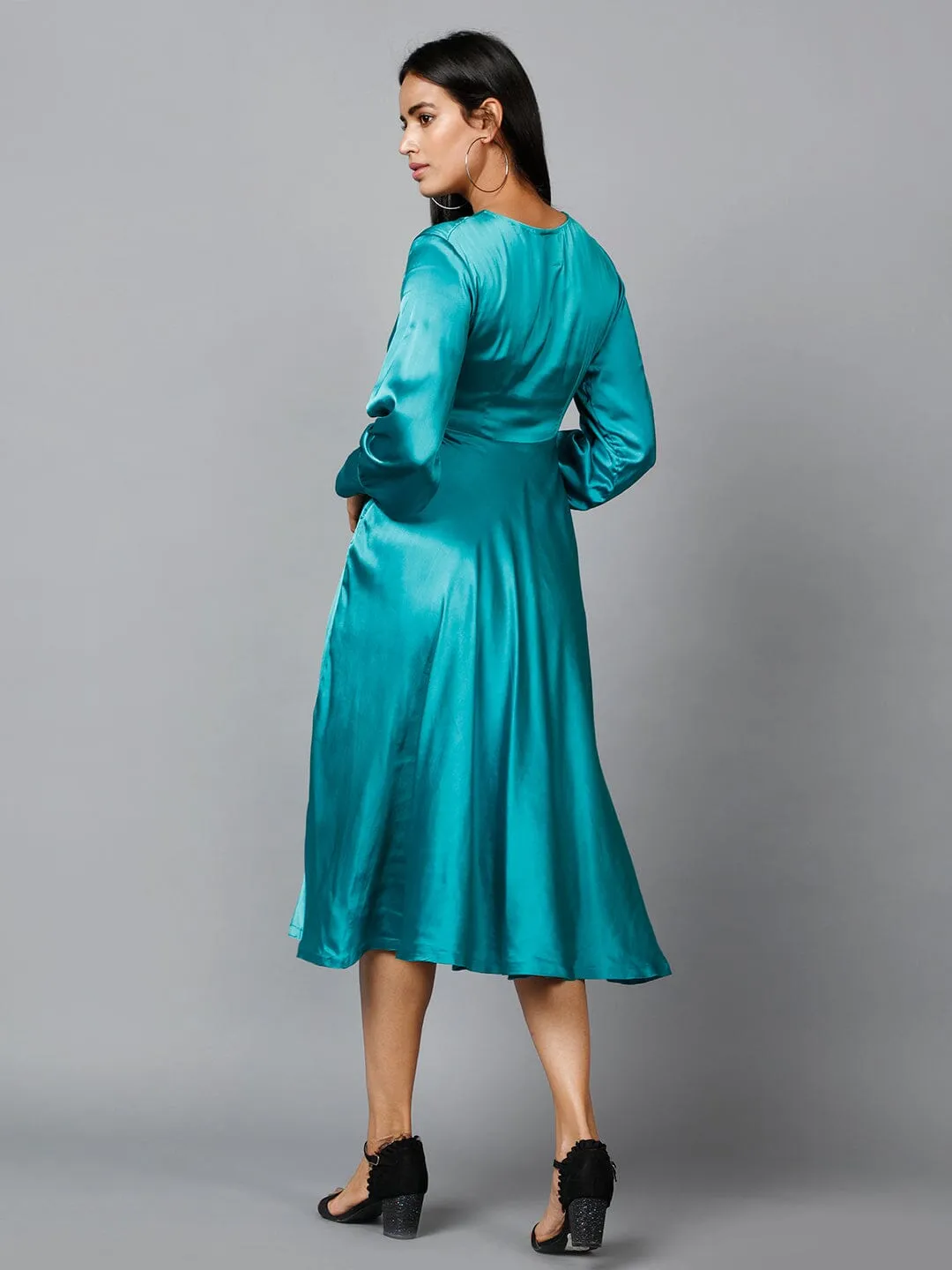 Women's Empire Line with Cuff Satin Wrap Dress Green