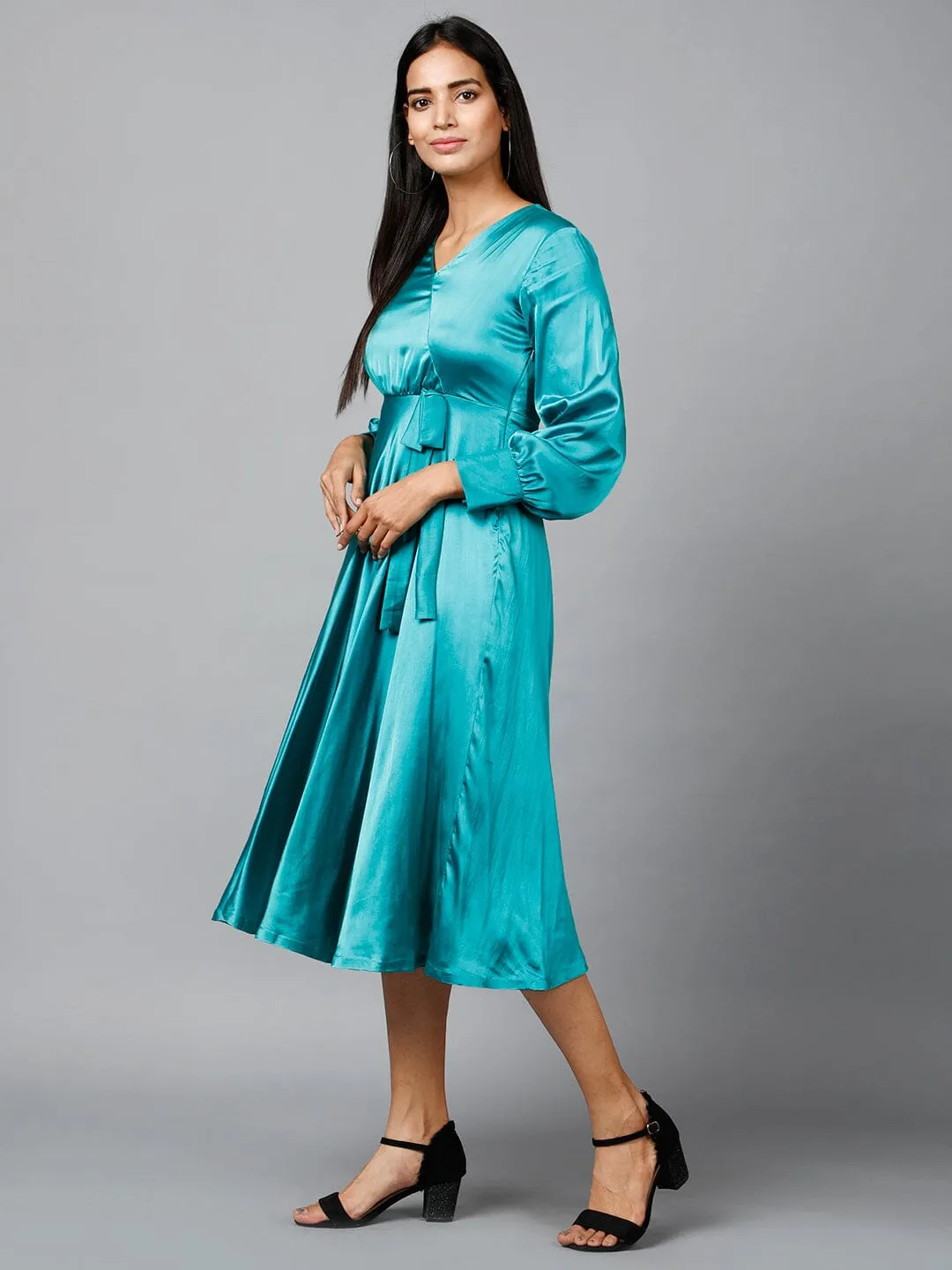 Women's Empire Line with Cuff Satin Wrap Dress Green