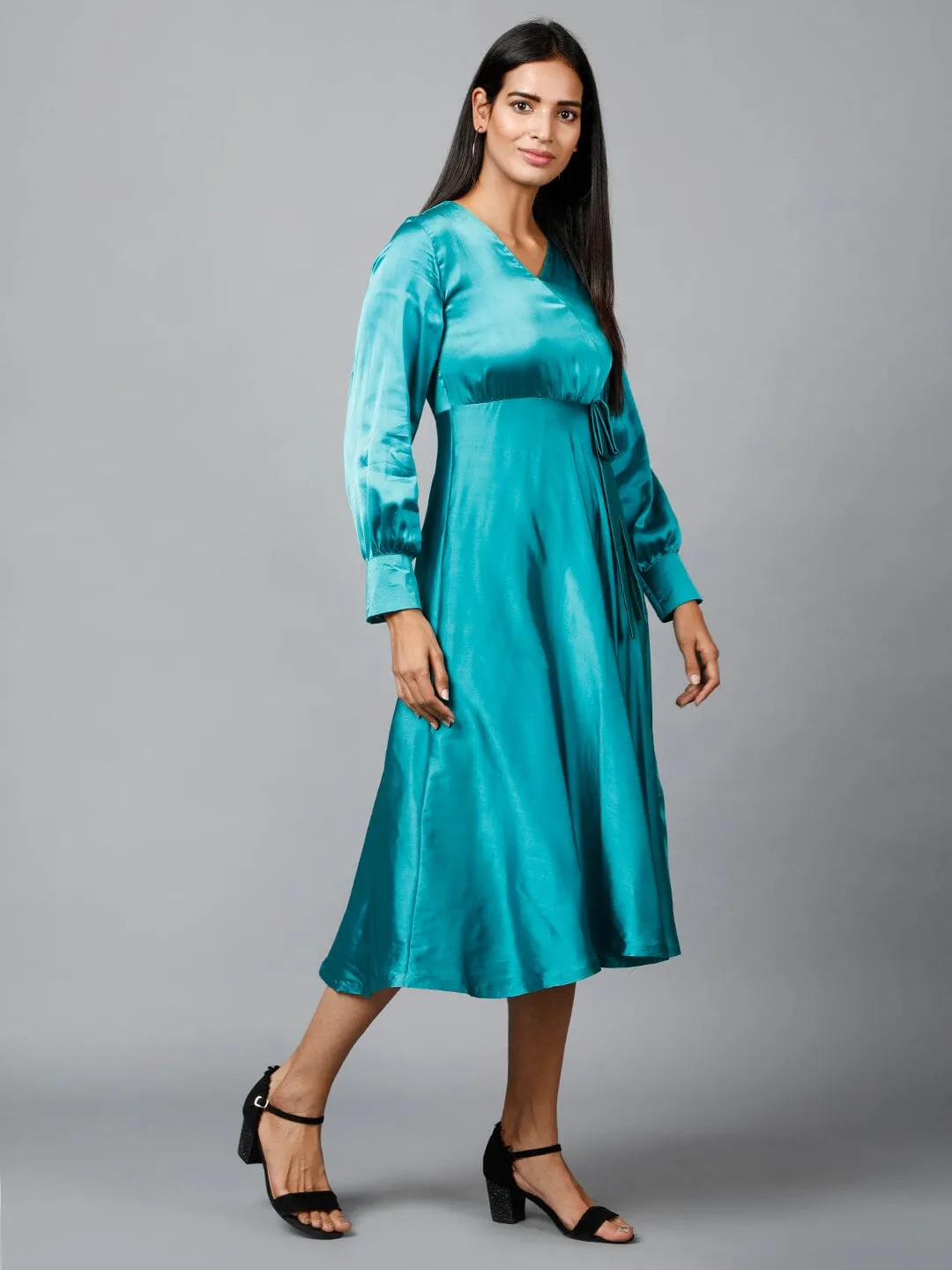 Women's Empire Line with Cuff Satin Wrap Dress Green