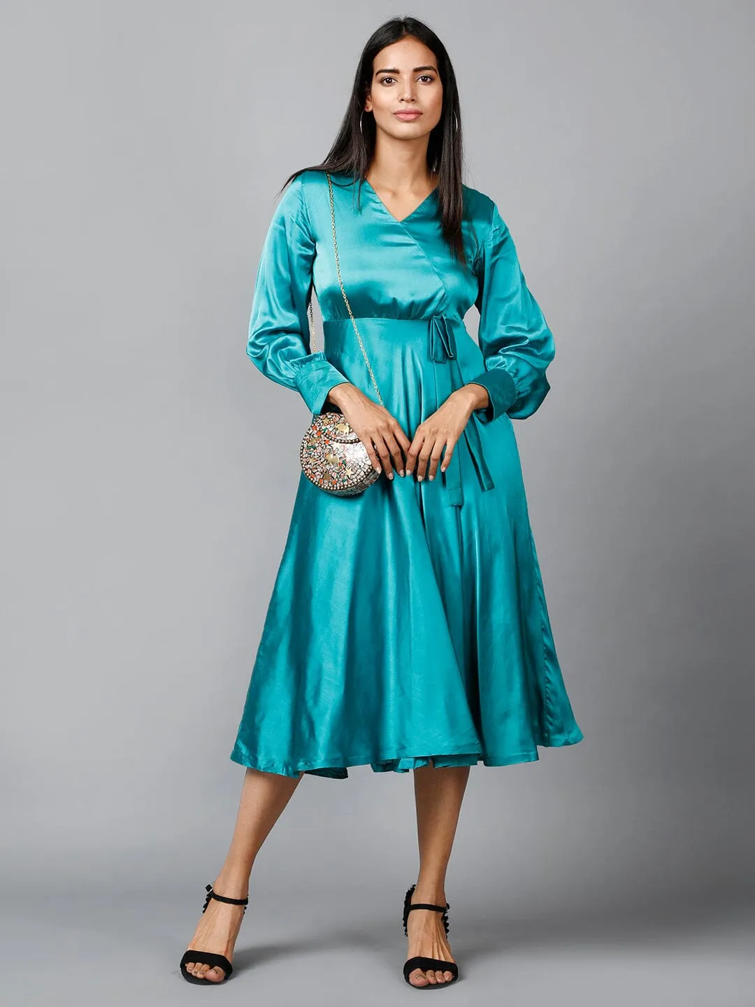 Women's Empire Line with Cuff Satin Wrap Dress Green