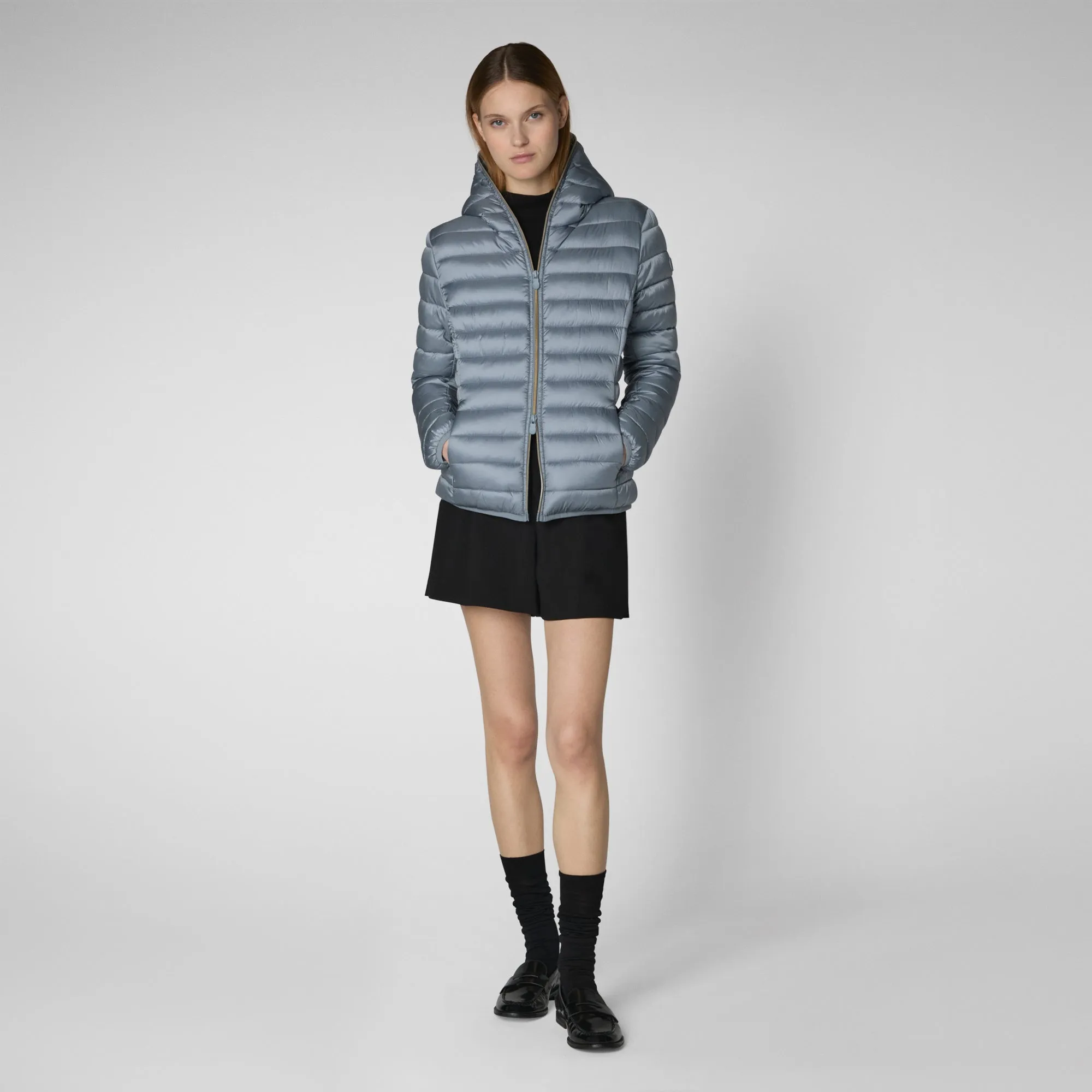 Women's Hooded Animal free Puffer Jacket Alexis in Blue Fog