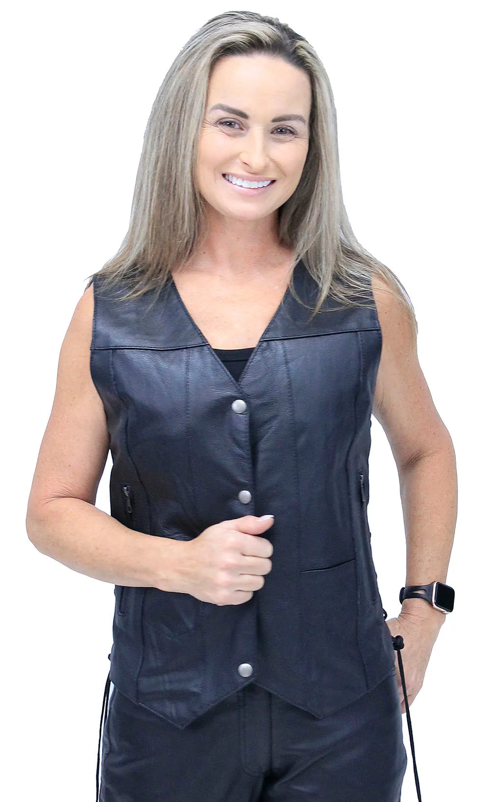 Women's Multi-Pocket Concealed Pocket Leather Vest #VL2675GLK