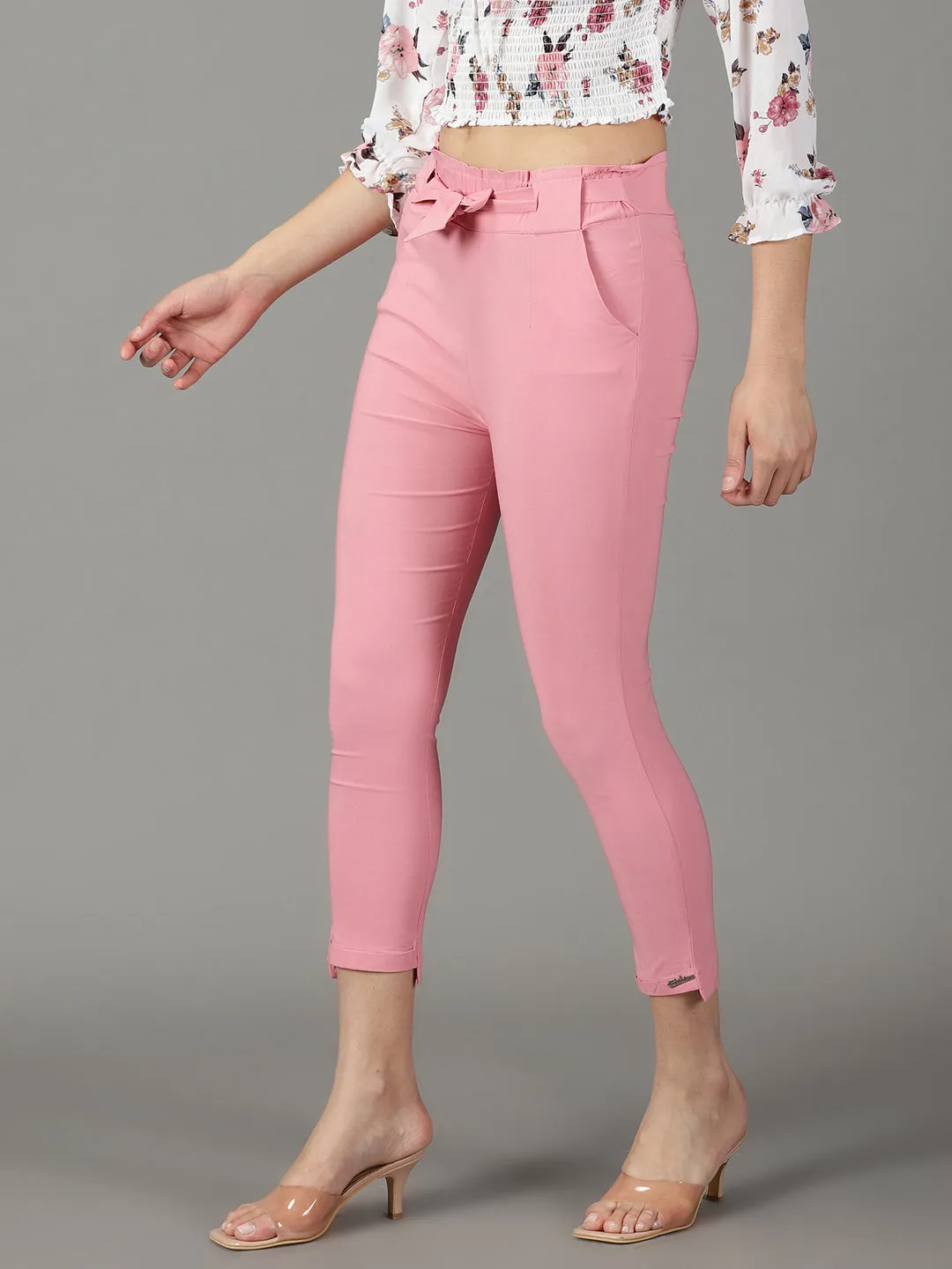 Women's Pink Solid Cigarette Trouser