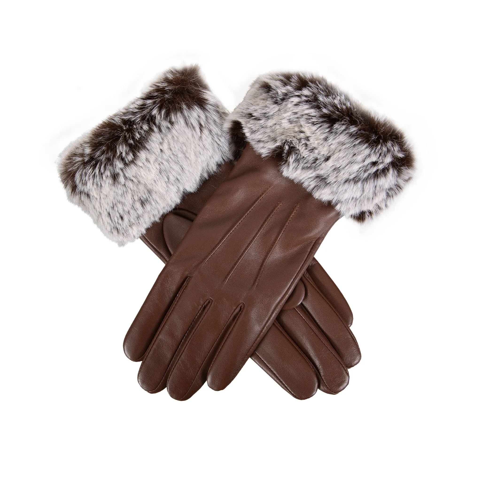 Women’s Touchscreen Three-Point Lined Leather Gloves with Faux Fur Cuffs