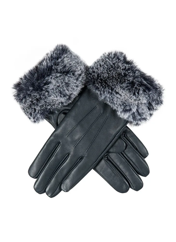 Women’s Touchscreen Three-Point Lined Leather Gloves with Faux Fur Cuffs