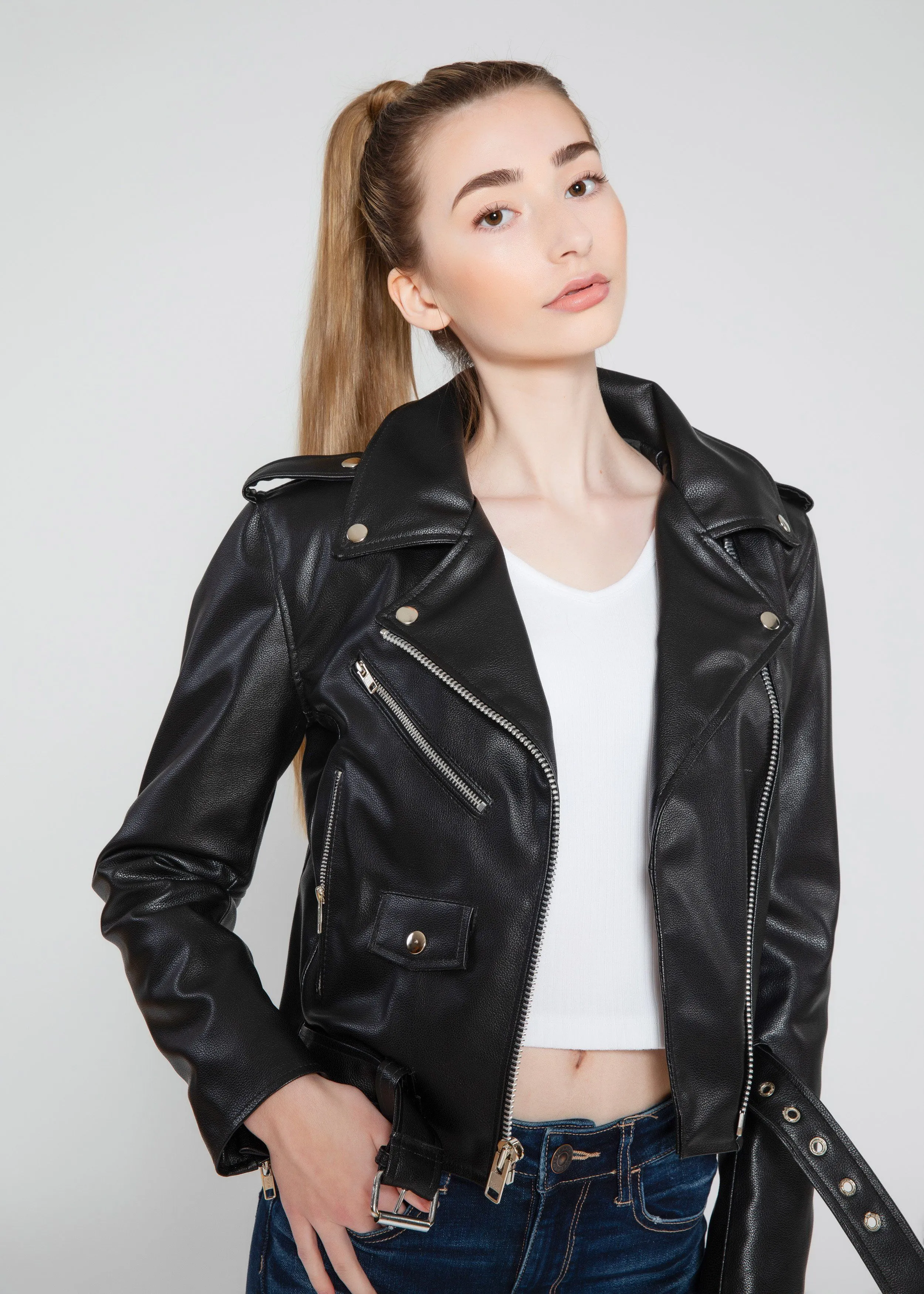 Women's Vegan Moto Style Faux Leather Jacket