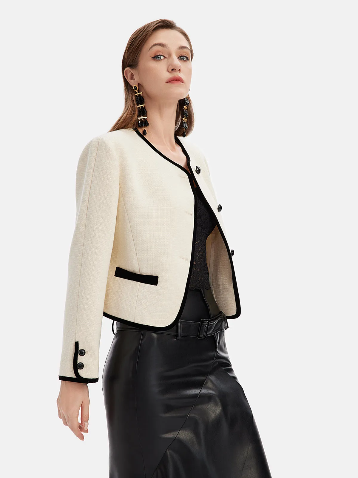 Wool Contrast-Trim Short Blazer