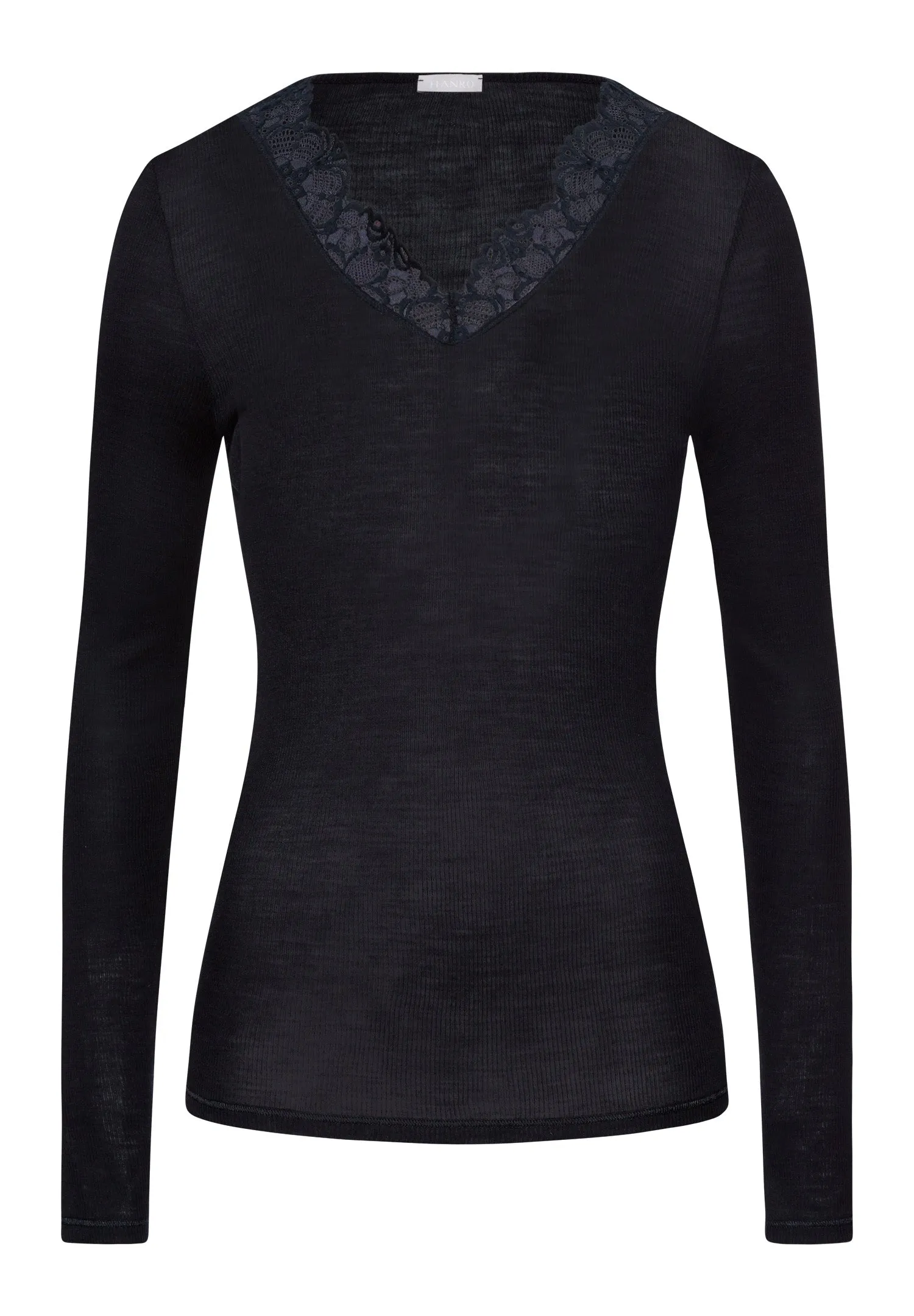 Woolen Lace Fine Ribbed Wool And Silk  V-Neck Top | Black 70914-019