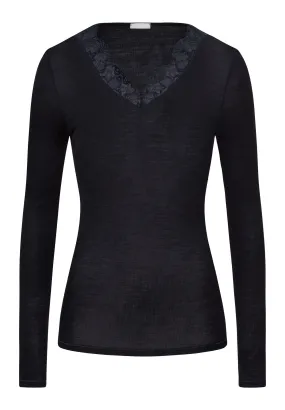 Woolen Lace Fine Ribbed Wool And Silk  V-Neck Top | Black 70914-019