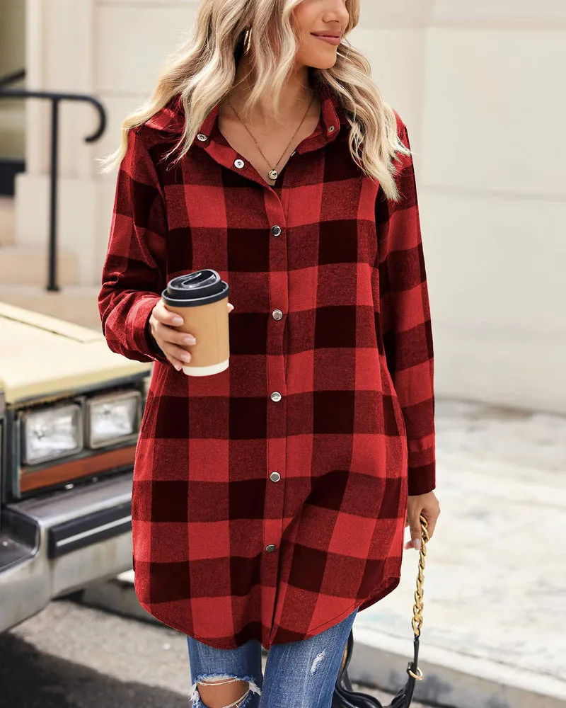 Zeagoo Womens Shacket Jacket 2023 Fashion Long Sleeve Flannel Shirt Plaid Button Down Blouse Coats Top with Pockets